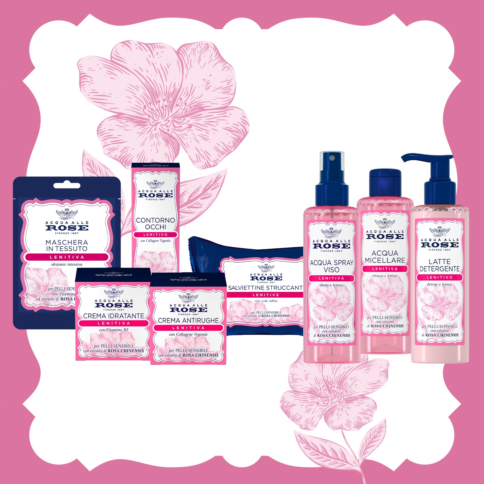 Acqua alle Rose Salviettine Struccanti Lenitive per Pelli Sensibili, con Estratto di Rosa Chinensis, Azione Struccante su Viso, Occhi e Labbra, 6 Confezioni da 20 pz