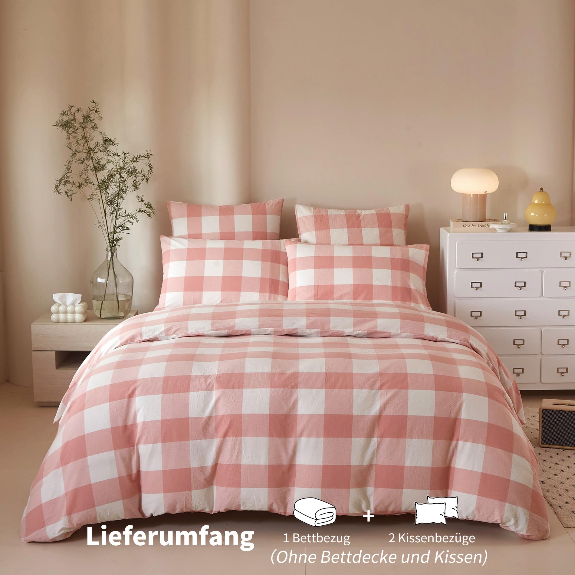 Juego de ropa de cama de 135 x 200 cm, 4 piezas, color rosa y blanco a cuadros, 100 % algodón lavado, suave, transpirable, acogedora, funda nórdica con cremallera y 2 fundas de almohada de 80