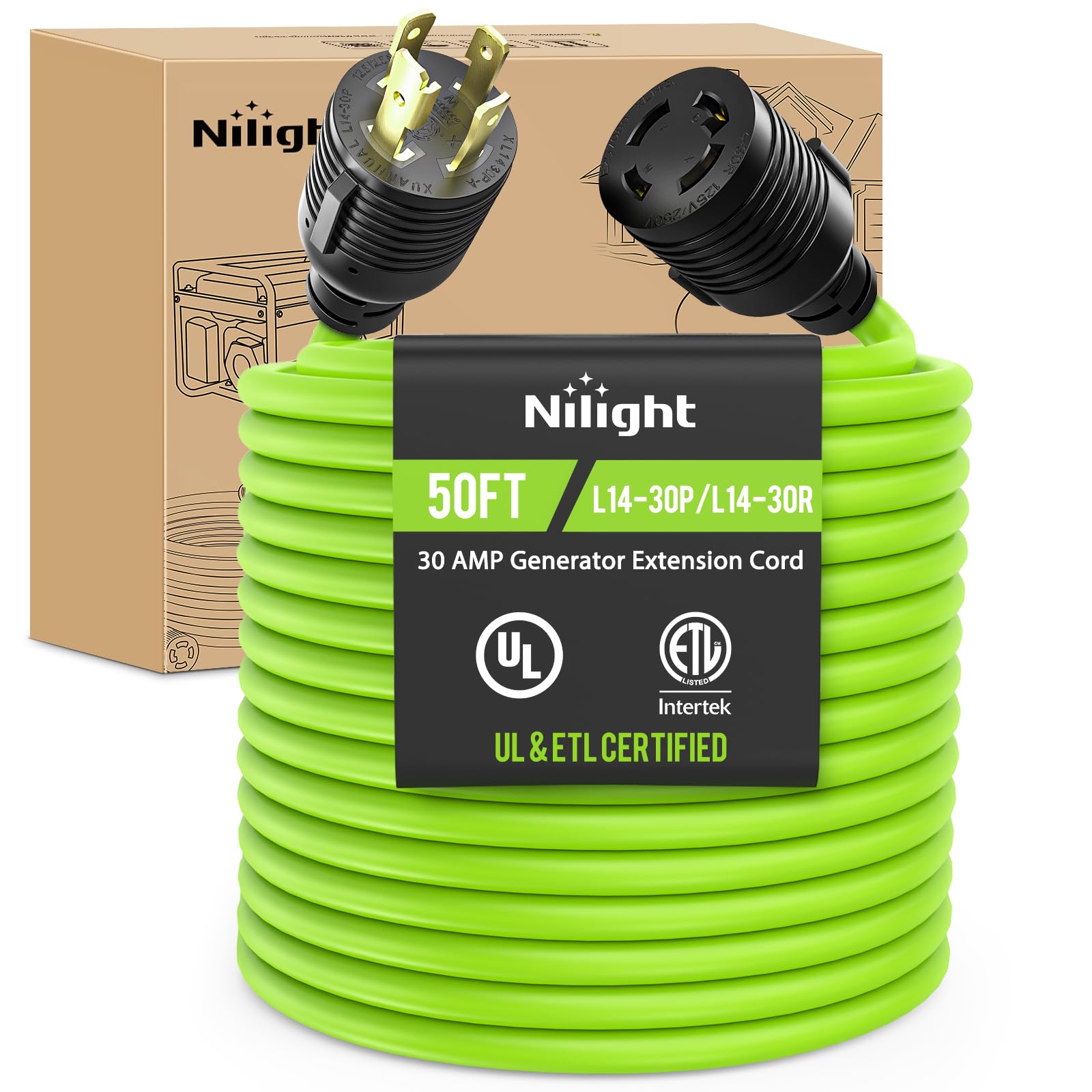 Nilight 50FT 30 Amp Generator Extension Cord 10 Gauge L14-30P to L14-30R