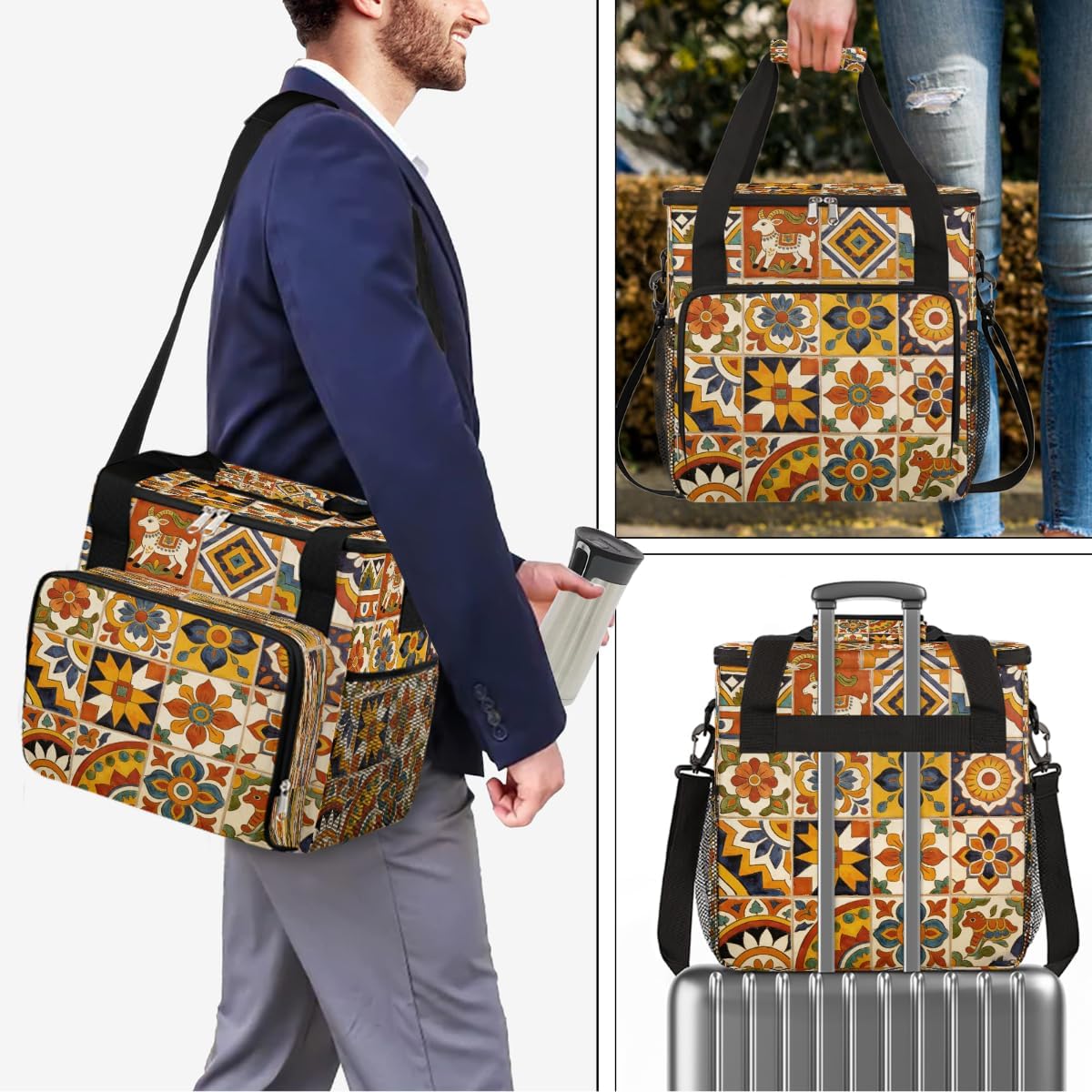 Mexican Folk Tile Portable Coffee Maker Carrying Bag Compatible with Keurig K-Mini/K-Mini Plus - Travel Storage Tote with K-Cup Pod Pockets for Single Serve Coffee Brewer