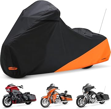 Waterproof Motorcycle Cover for Touring Models Made for Harley Davidson Road King Road Glide Street Glide Electra Glide Low Rider-ST Indoor & Outdoor All Weather Protection Black & Orange
