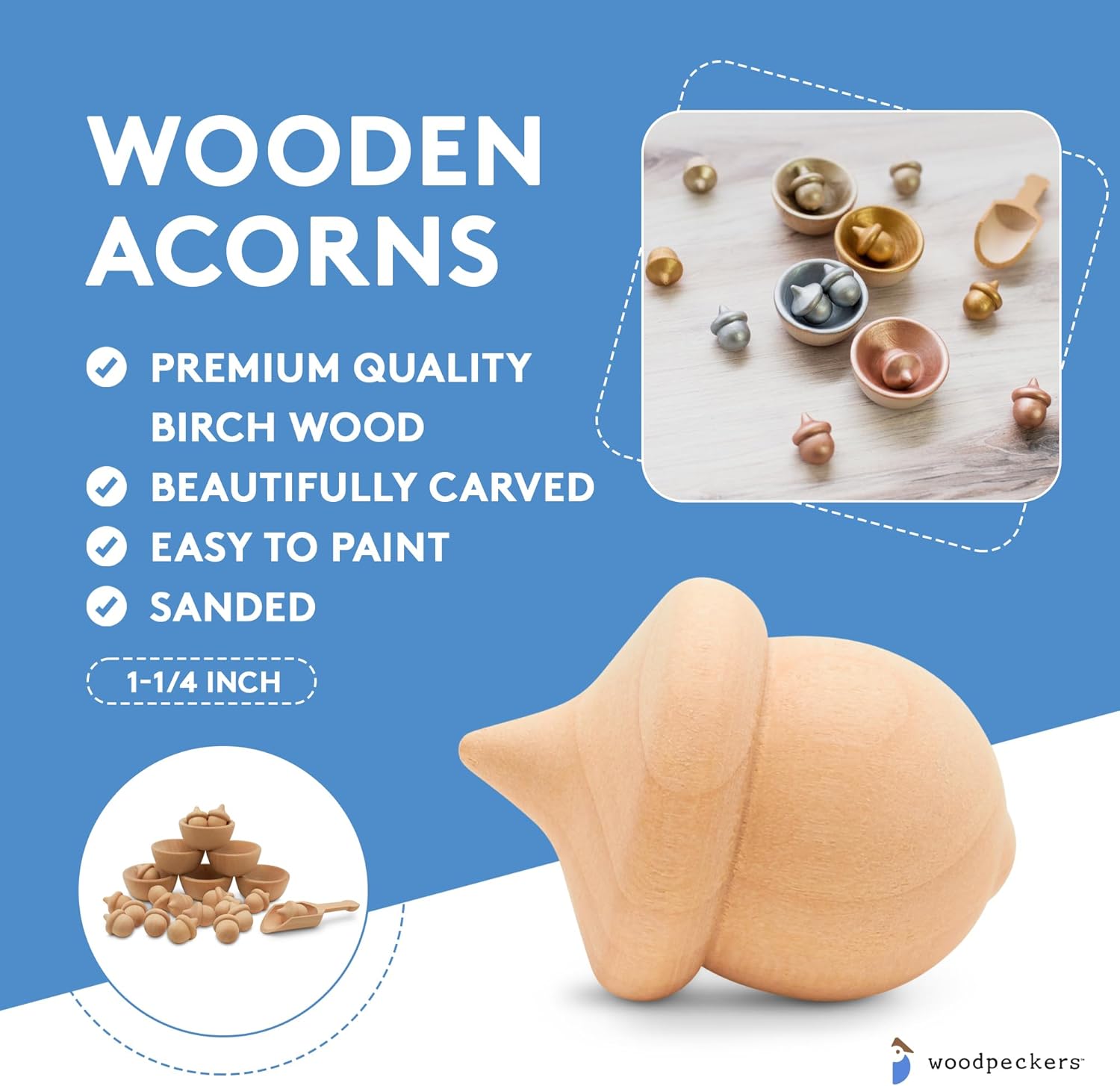 Wooden Acorns 1-1/4 Inch, Bag of 250 Natural Wood Counting & Sorting Decor Crafts Kit DIY by Woodpeckers
