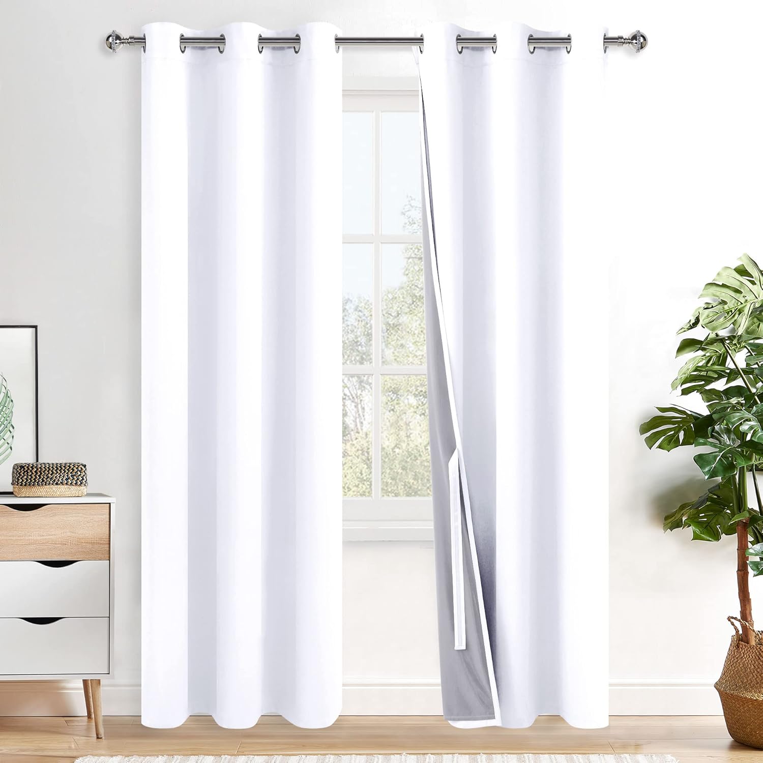 XWZO White Blackout Curtains with Tiebacks - Heat and Full Light Blocking Window Panels with Grommets for Bedroom/Nursery, 84 Inches Long Thermal Insulated Draperies, White, W38 x L84, Set of 2