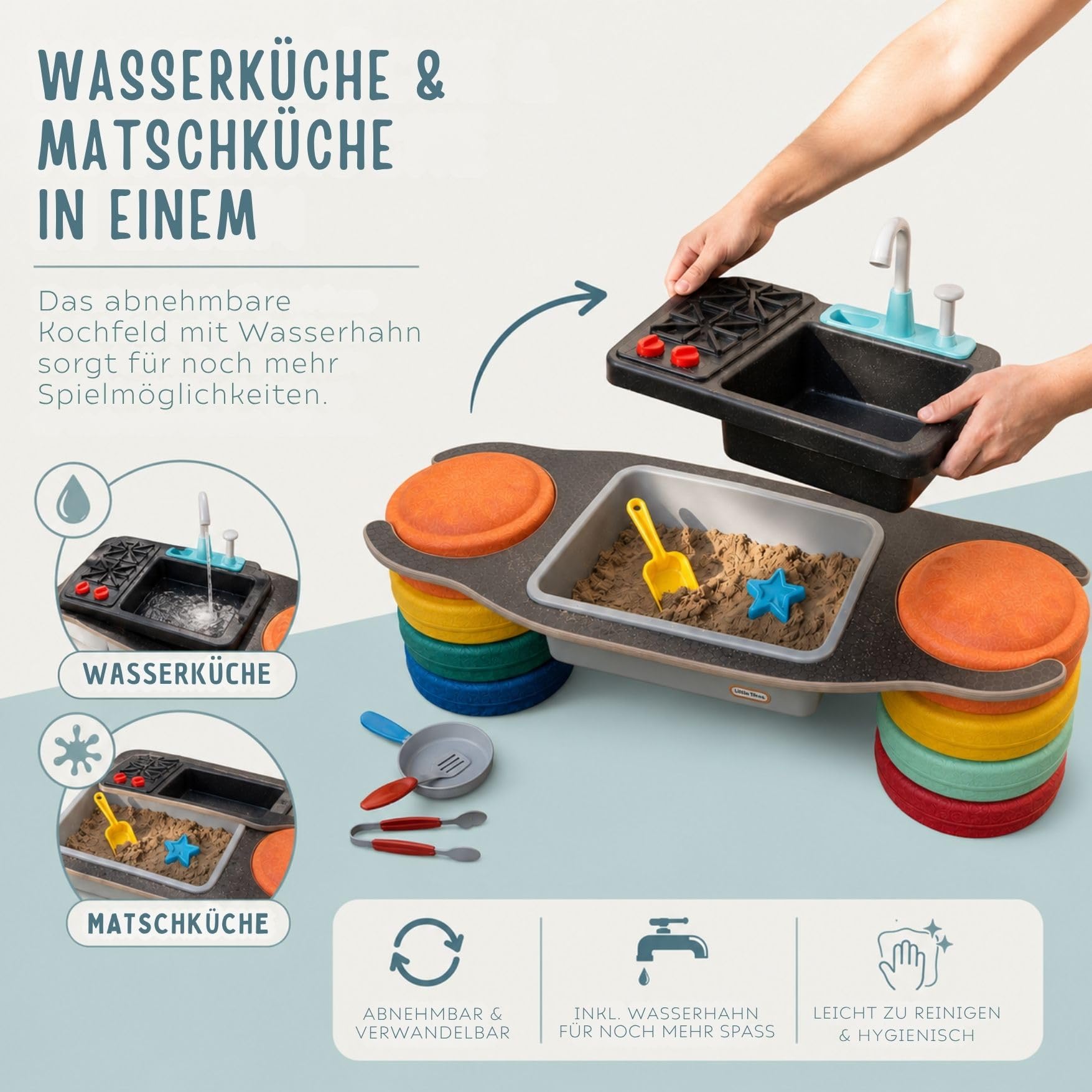 Matschküche, Kinderküche draußen, Spielküche Holz | Modulare Outdoor-Wasserspielküche, höhenverstellbar und wetterfest mit Wasserhahn für Jungen und Mädchen