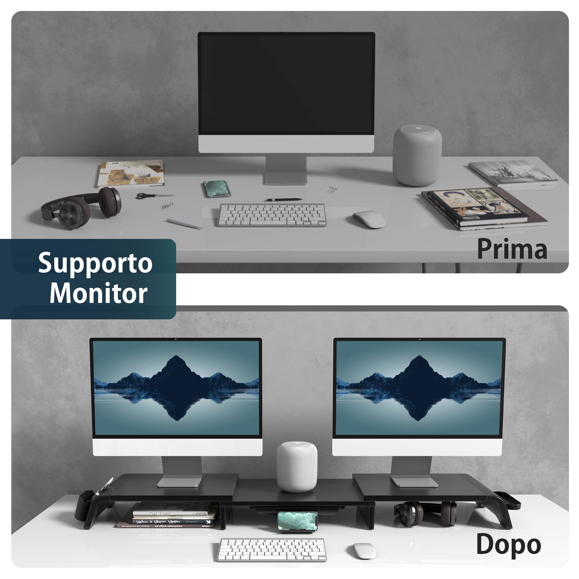 Fenge Supporto Monitor Regolabile in Lunghezza e Angolazione per 2 Monitor Supporto per Monitor in Legno con Cassetto, Scatole Di Stoccaggio Mobili 74-107x 23,5x 8,9cm Nero G04B1102B
