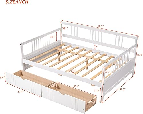 Miniatura 46 de Flieks Sofá cama de madera de tamaño individual con dos cajones de almacenamiento y soporte de 10 listones de madera (blanco)