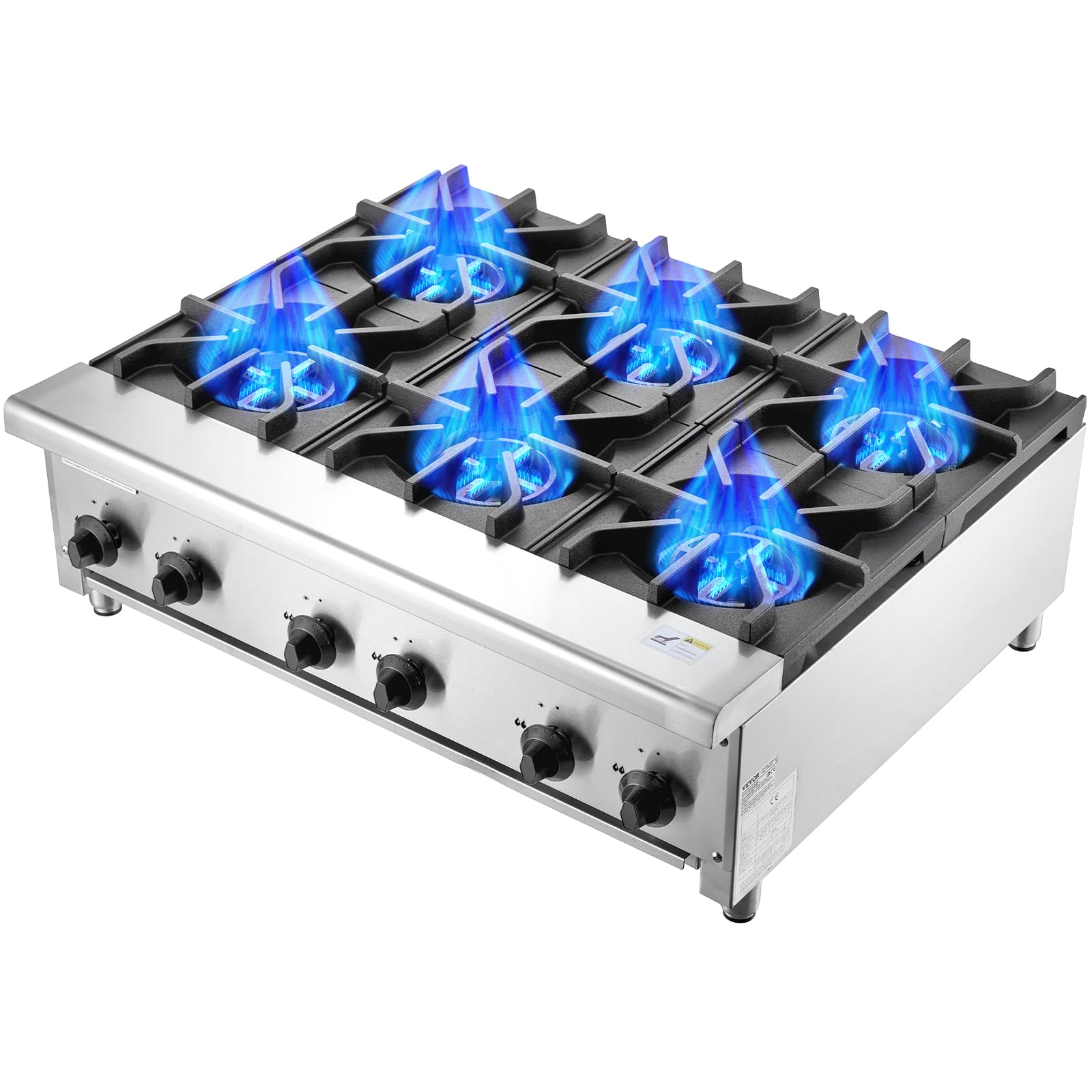 VEVOR Cuisinière à Gaz Commerciale avec 6 Brûleurs, Plaque de Cuisson de Comptoir au Propane et au Gaz Naturel, 42 kW, en Acier Inoxydable, Équipement de Cuisson Commercial pour Restaurant Domicile