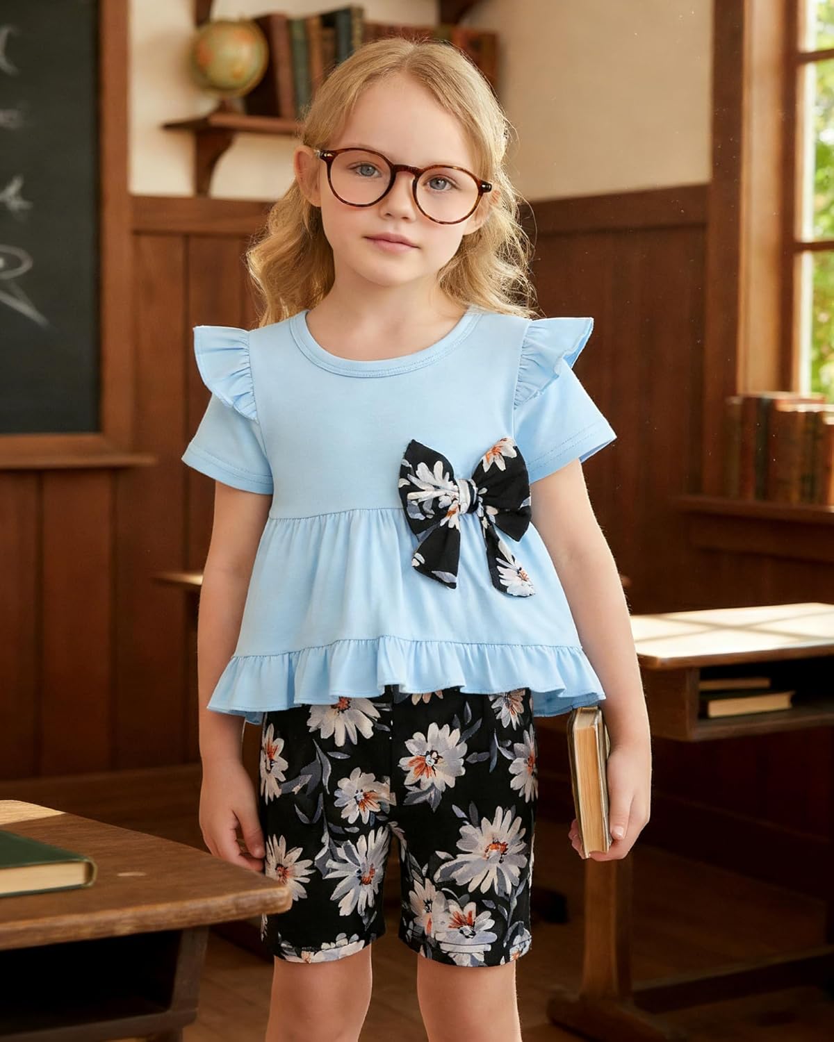 Kucnuzki Baby Girl Clothes Toddler Girls Summer Outfits Kids Short Fly Sleeve Cute Ruffle Shirts Tops Floral Shorts Set - Image 2