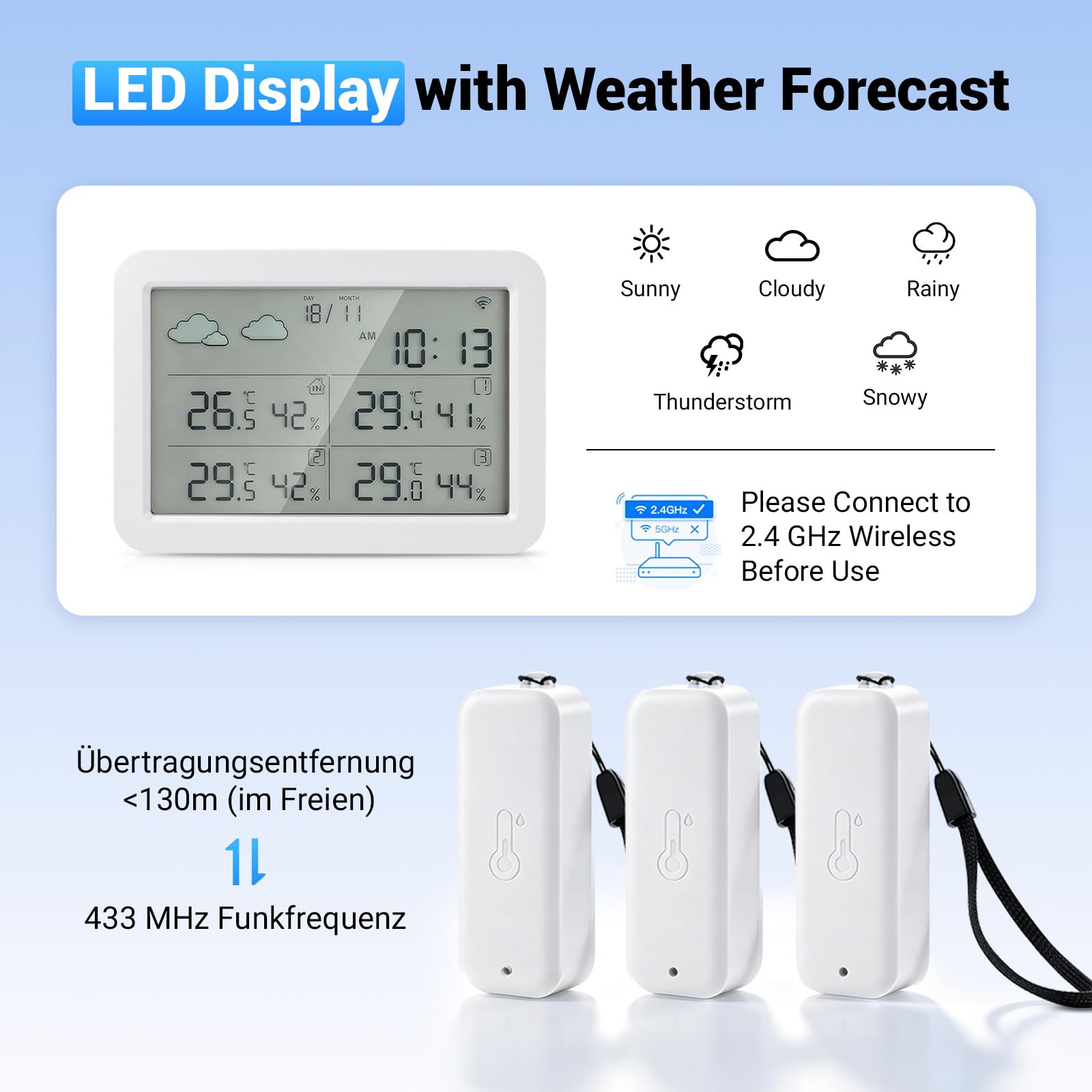 Station météo Wi-Fi avec capteur extérieur, station météo avec 3 capteurs extérieurs, thermomètre intérieur et extérieur LCD, thermomètre de température et d'humidité, application Tuya/Smart Life