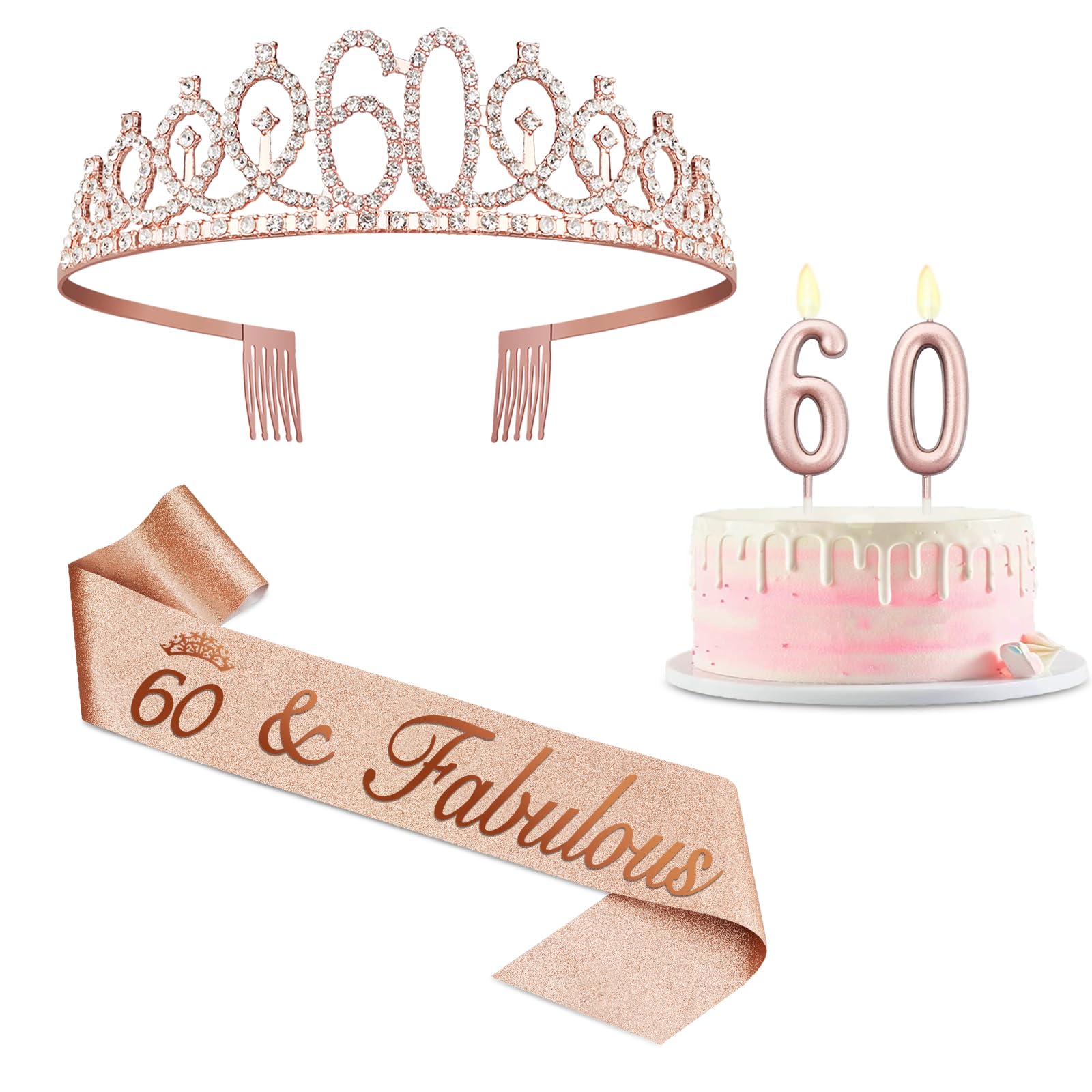 Amosking 60th Birthday Decorations for Woman with Sash Crown Candles