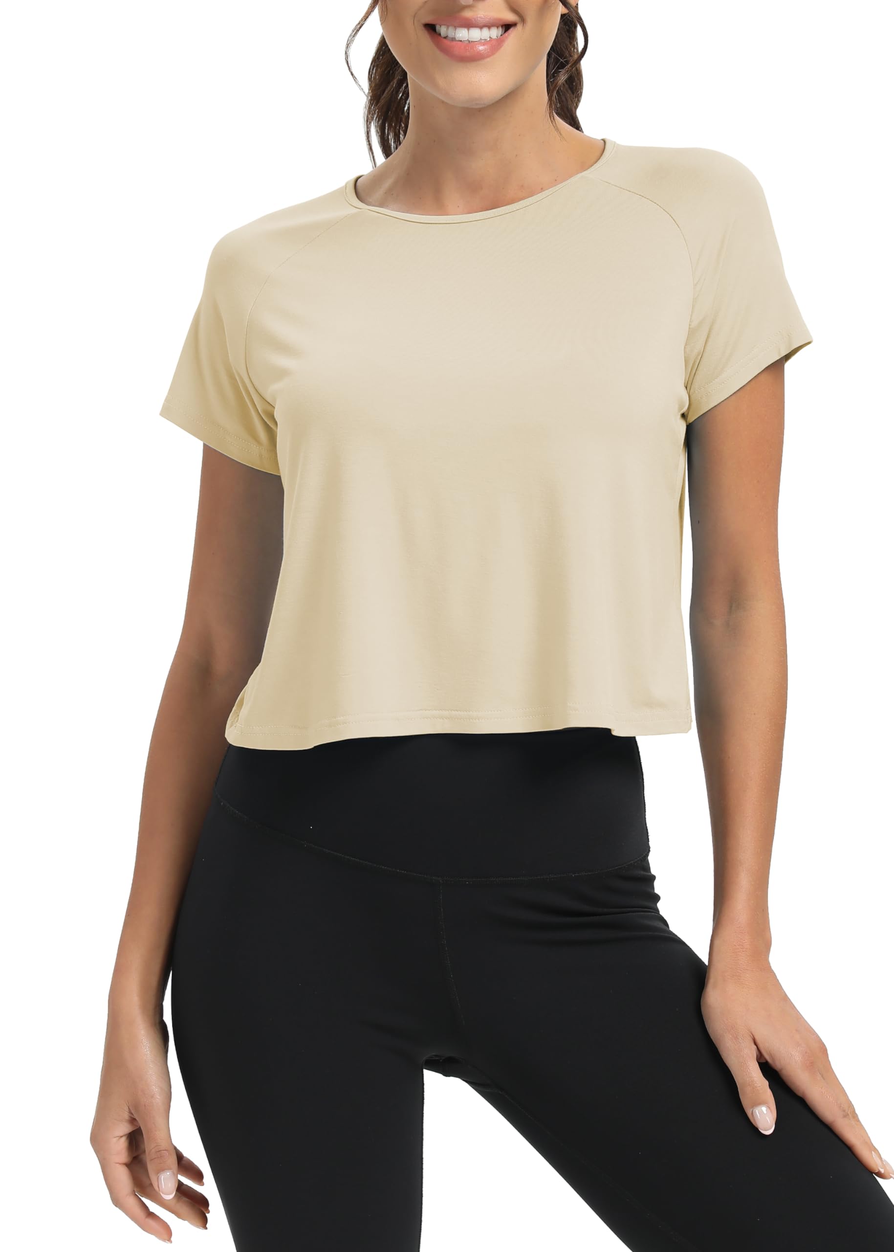 Mippo Camisetas de entrenamiento para mujer, Ropa Deporte, recortadas, espalda dividida, atlética, gimnasio, ejercicio, ajuste holgado, Albaricoque, Large