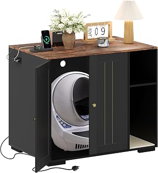 Large Robot 4 Litter Box Enclosure Cabinet with Built-in Power Outlet & DogProof Shelf, Automatic SelfCleaning Litterboxes Furniture for Litter Robot Black