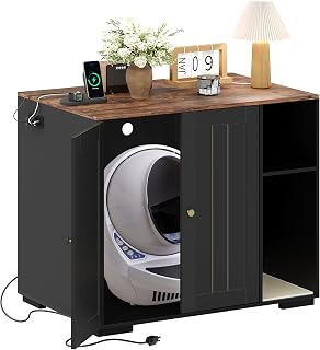 Large Robot 4 Litter Box Enclosure Cabinet with Built-in Power Outlet | Automatic Self‑Cleaning Litterboxes Furniture, Dog‑Proof Shelf, Robot Cabinet for Litter Box Black