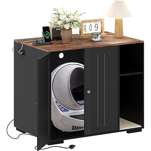 Large Robot 4 Litter Box Enclosure Cabinet with Built-in Power Outlet & Dog‑Proof Shelf, Automatic Self‑Cleaning Litterboxes Furniture for Litter Robot Black