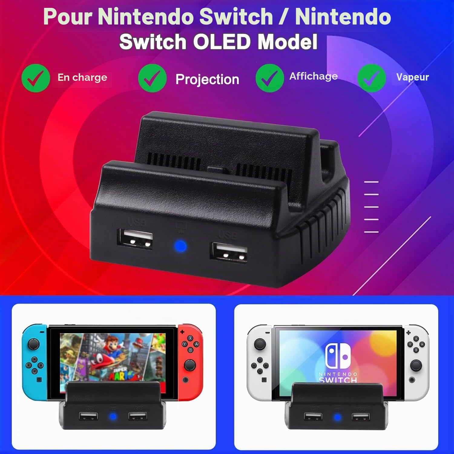 PowerLead Switch Dock pour Nintendo Switch OLED - Station d'accueil portable HDMI 4K - Adaptateur TV de voyage avec support de charge haute vitesse et port USB-C