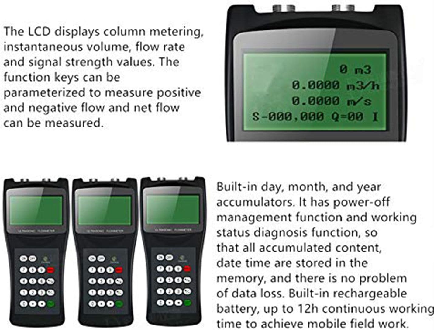 Handheld Ultrasonic Flow Meter Portable Clamp on Flowmeter with Data Output S1/M2/L1 Sensors for Seawater Alcohol Industrial Sewage,M2/DN50-700