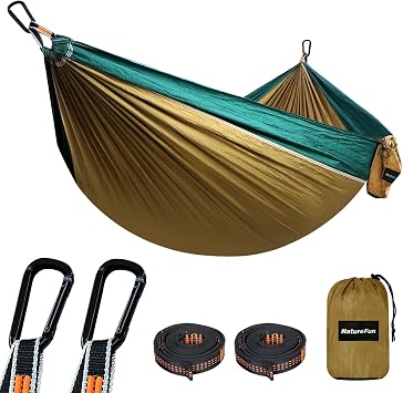 NATUREFUN Ultra-Light Travel Camping Hammock | 300kg Load Capacity,275 x 140 cm Breathable,Quick-drying Parachute Nylon | 2 x Premium Carabiners,2 x Nylon Slings Included | Outdoor Indoor Garden