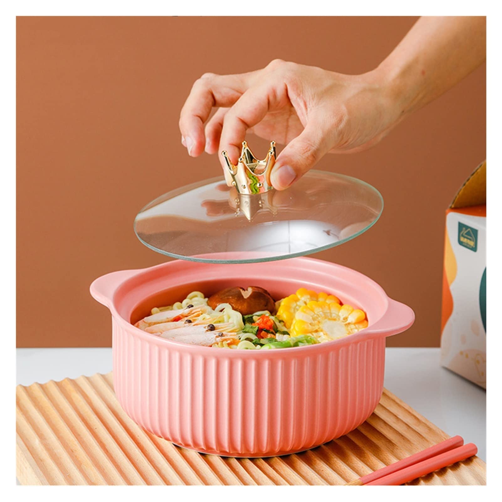 Ensemble de Bols à Double Oreille en céramique, avec Baguettes et Couvercle en Verre, Plats de déjeuner, Soupe Ramen, Bol à Dessert, Vaisselle