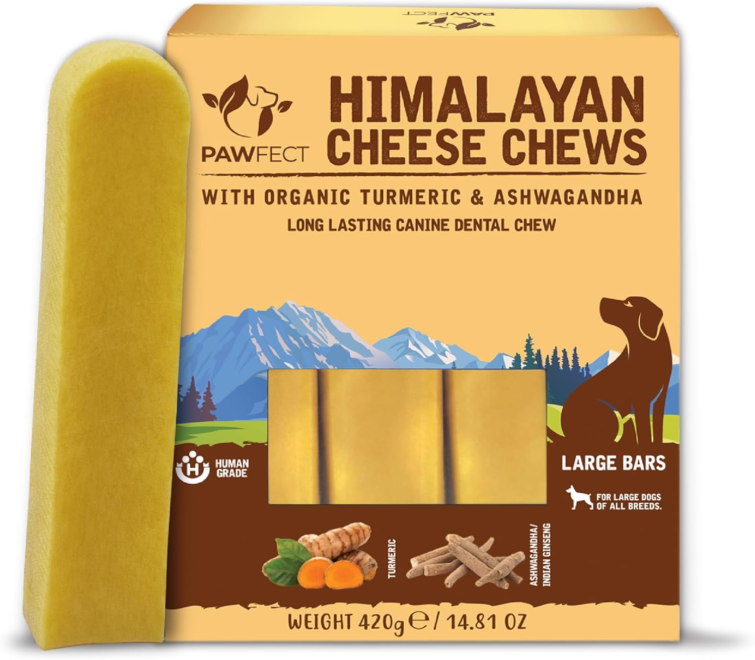 Pawfect Himalayan Yak Cheese Chews with Turmeric & Ashwagandha for Large Dogs - 100% Natural Dental Stick- Cleans Teeth- Plaque Off and Tartar Control -High Protein Chews - Pack of 3 (420g/14.81oz)