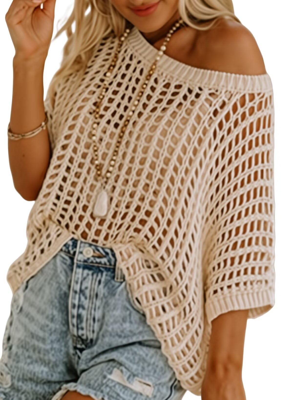 Chicrise Häkelpullover Damen Schulterfrei Rundhals Strickpullover Oversize Hakelnadel Cover Up Mesh Oberteil Lechit lässig
