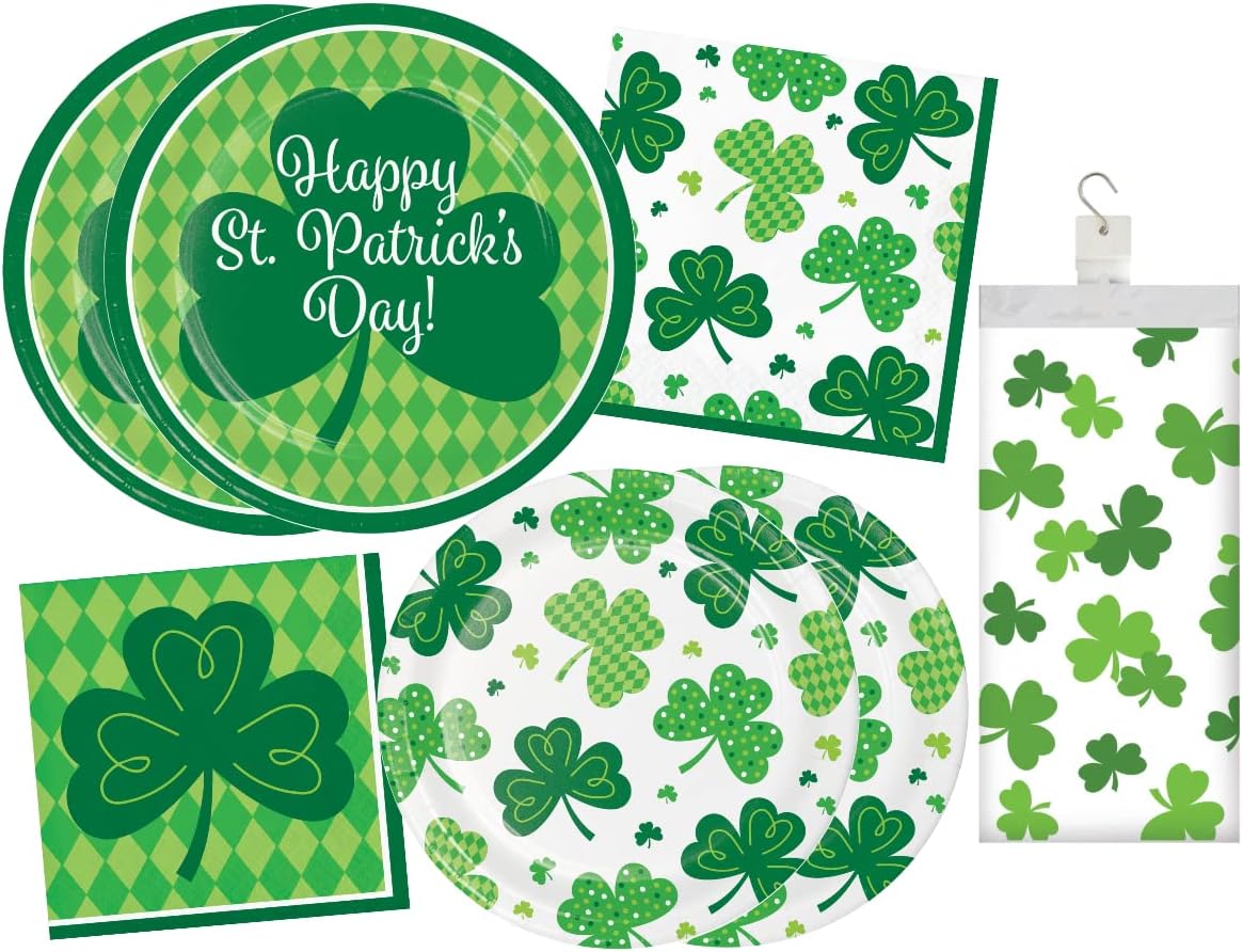 St. Patrick's Day Harlequin Shamrocks Tableware Kit - Irish Clover St Patty's Disposable Plates & Napkins for 16 - Dinner & Dessert Plates, Luncheon & Beverage Napkins and Plastic Tablecloth