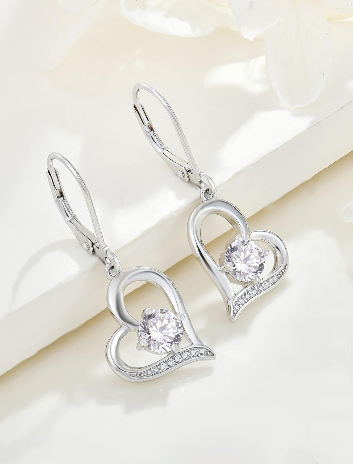 Women Heart Earrings 925 Sterling Silver Love Heart Dangle Drop Earrings Round Birthstone Jewelry - Image 5