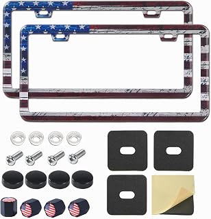 American Flag License Plate Frame, Premium Fashion Matte Aluminum Holder with 2 Holes, 2 Pcs US Flag Universal Car Frame Waterproof Rust-Proof, Including Screws, Caps and Rattle Proof Pads