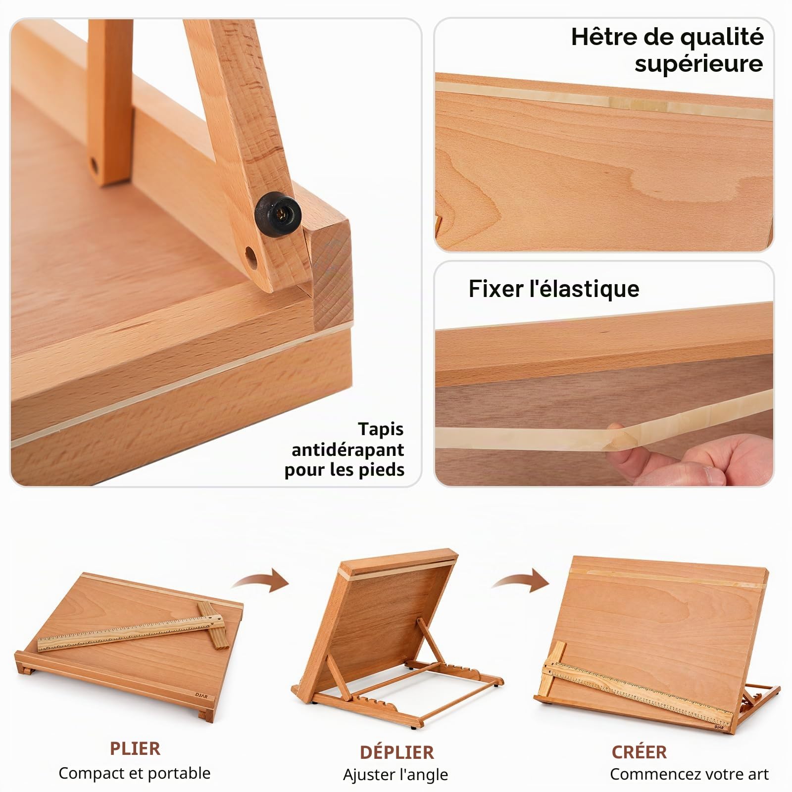 DJAR Table à Dessin en Bois, Chevalet de Table et Planche à Croquis 47 x 36 cm, Support de Dessin à Angle Réglable à 5 Positions pour Artistes