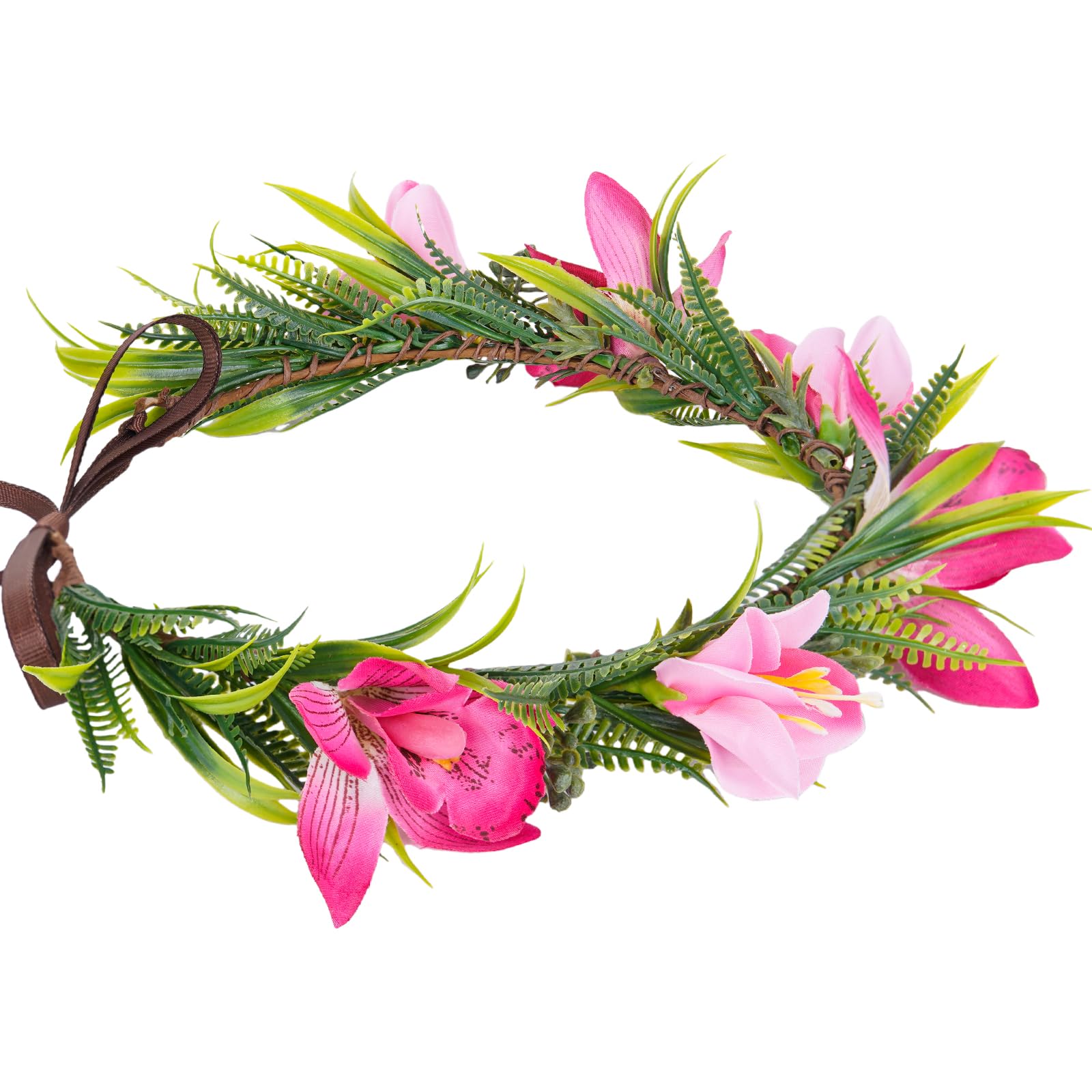 PartyforU Tropical Flower Crown Headband Artificial Hawaiian Rose Pink Flower Headpiece Fancy Dress Accessories for Girls Women Summer Beach Pool Party Decorations
