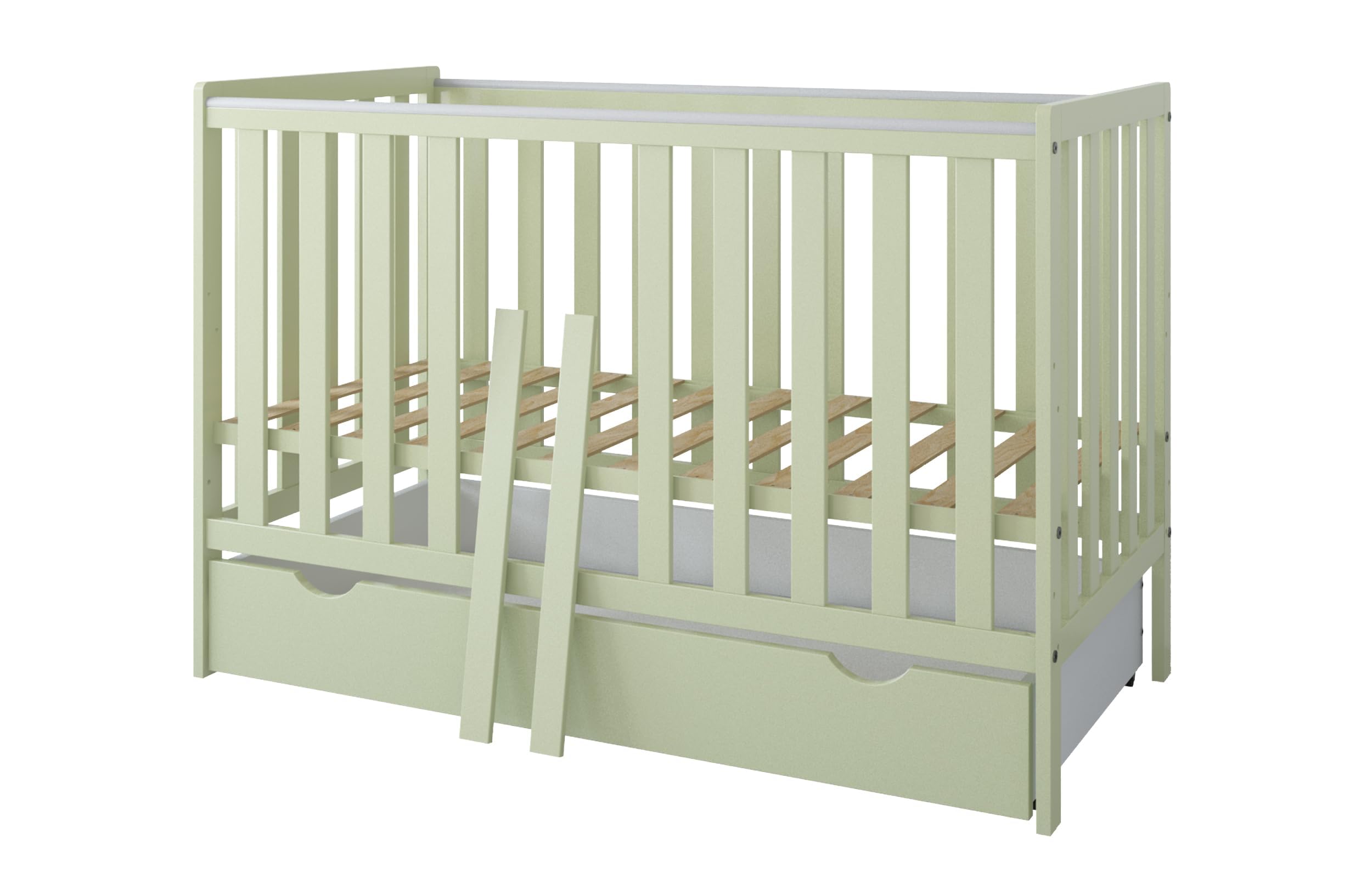 zee Bambi Mint Babybett 120x60 cm 2in1 mit Matratze, Schublade & Schutzbarriere Klassisches Gitterbett 3-Fach Höhenverstellbar Kinderbett mit Beißschutz & zu Juniorbett umbaubar