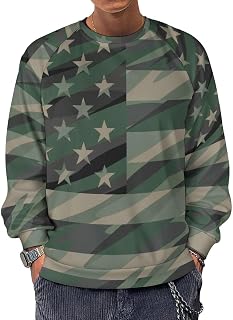 Patriotic Jungle Green Camo USA Flag Men's Sweatshirts Basic Crew Neck Long Sleeve Pullover Sweater Tees Tops