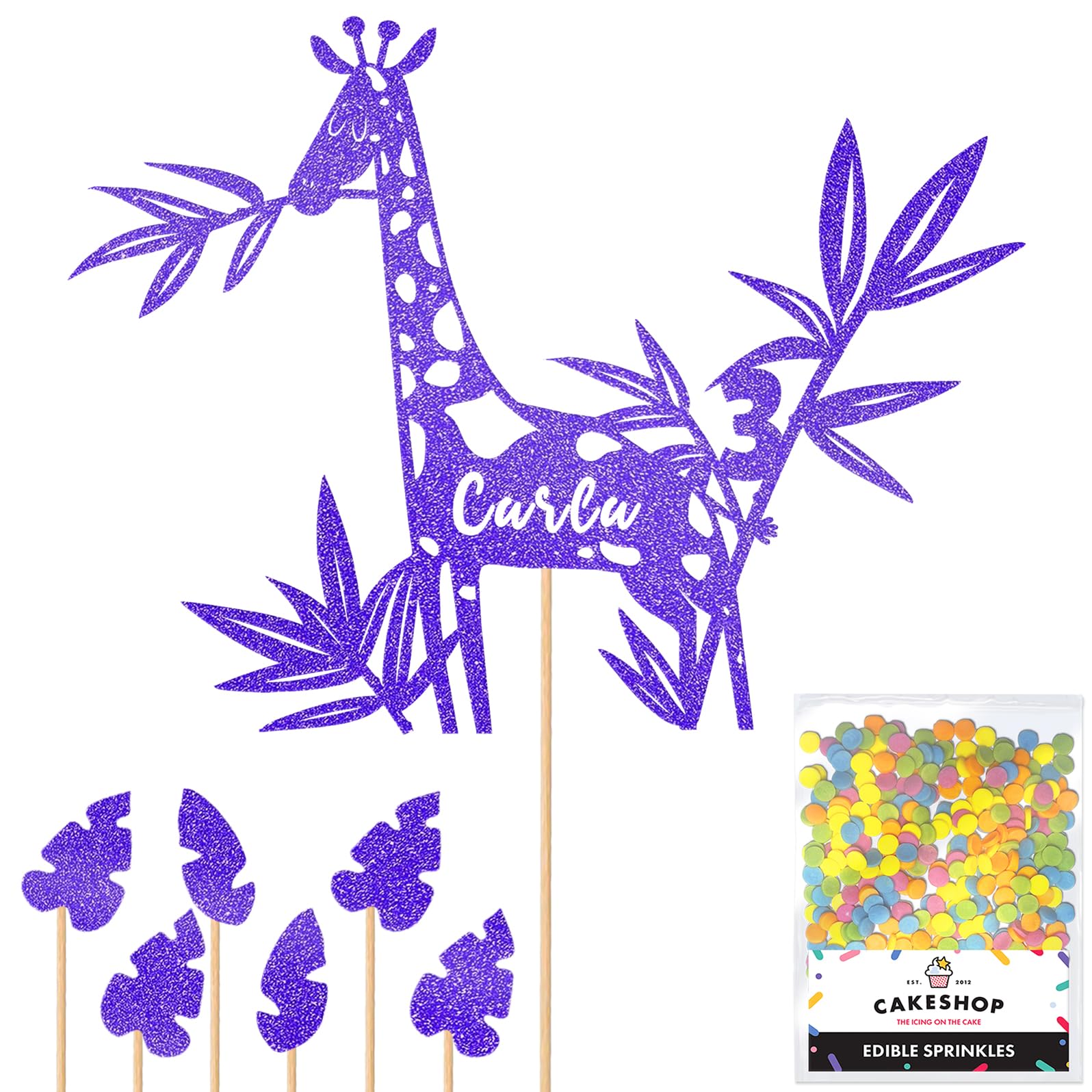 Personalised Birthday Jungle Giraffe Glitter Cake Topper- Blue Any Custom Age & Name Glitter Cake Decoration and Sprinkles - Happy Birthday Decorations - Personalised Toppers for Cakes by Cakeshop — image 1