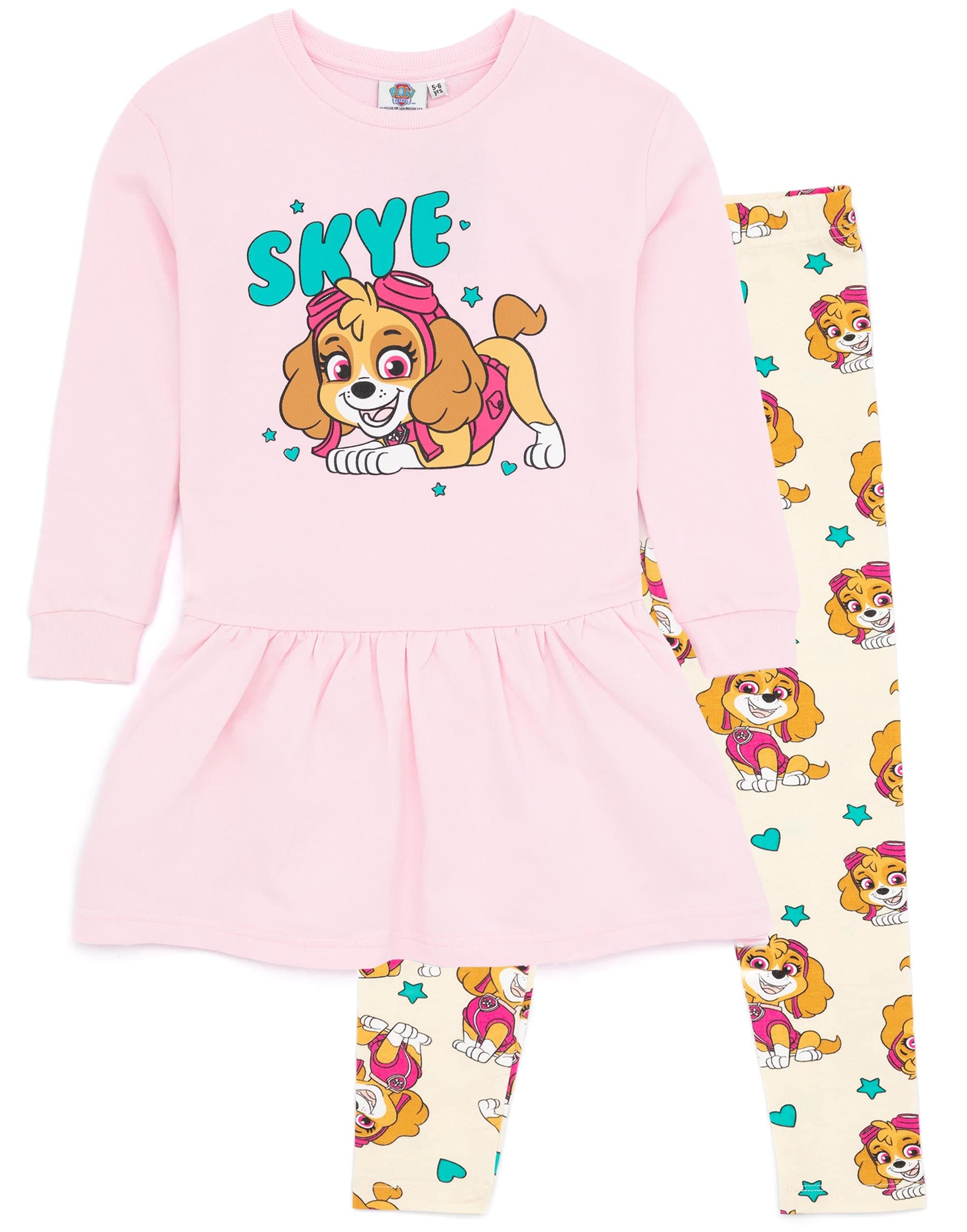 Paw Patrol Dziewczęcy sweter sukienka i legginsy zestaw | Dziecięca bluza Skye różowa bluza sweter i kremowe spodnie kompletny strój
