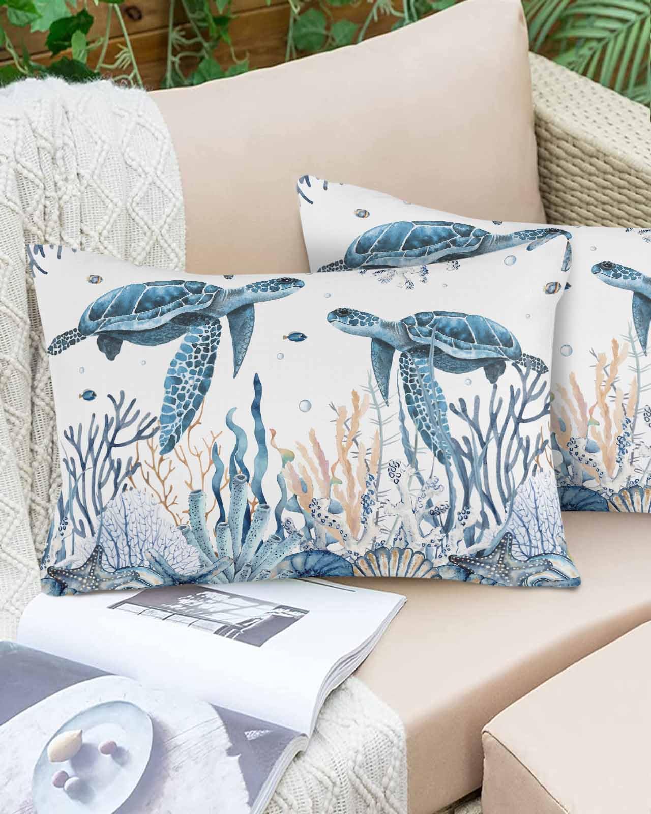 Boanket Lumbar Pillow Covers 12 x 20 in, Blue Sea Turtle Waterproof Throw Pillow Cover Set of 2, Beach Coral Nautical Coastal Shell Home Decorative Rectangle Cushion Covers for Patio/Couch/Garden