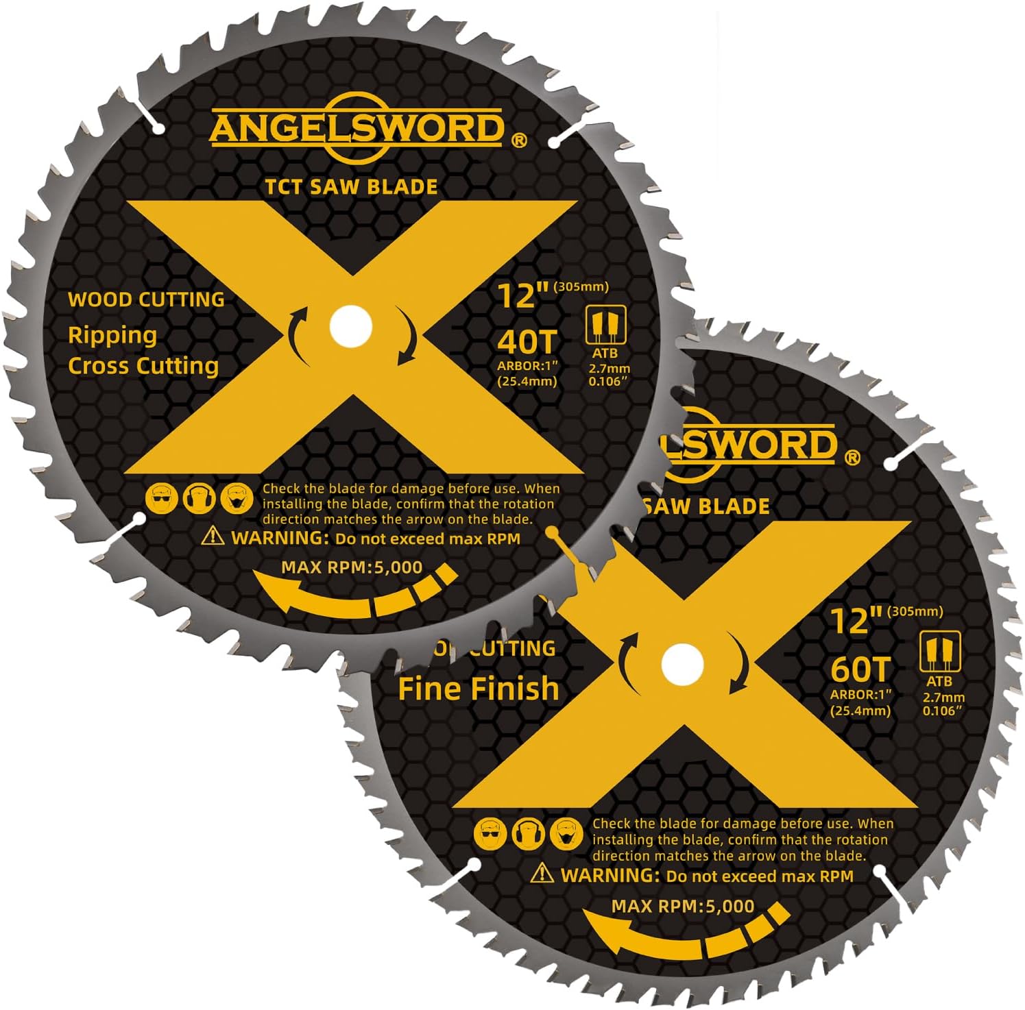 ANGELSWORD 12 Inch Miter Saw Blade, 40T for Ripping, Cross Cutting&60T for Fine Finish Wood Cutting, 2pack