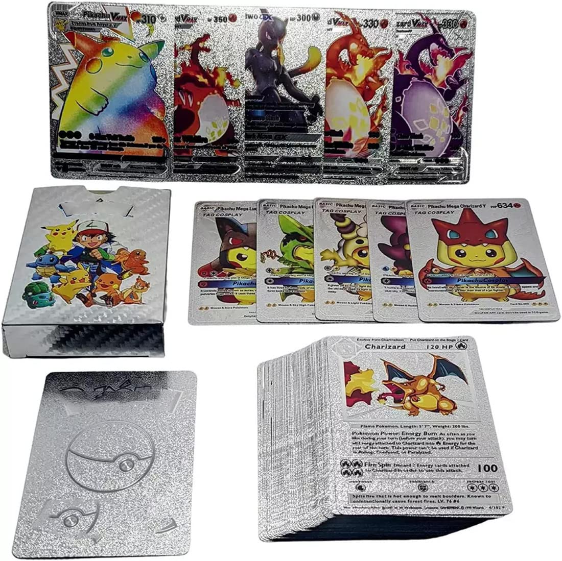Salpitoys 55 PCS Silver Foil Rare Cards Packs Set Deck Box Including Assorted The Latest Vmax GX EX DX V Cards Silver Kids Toy