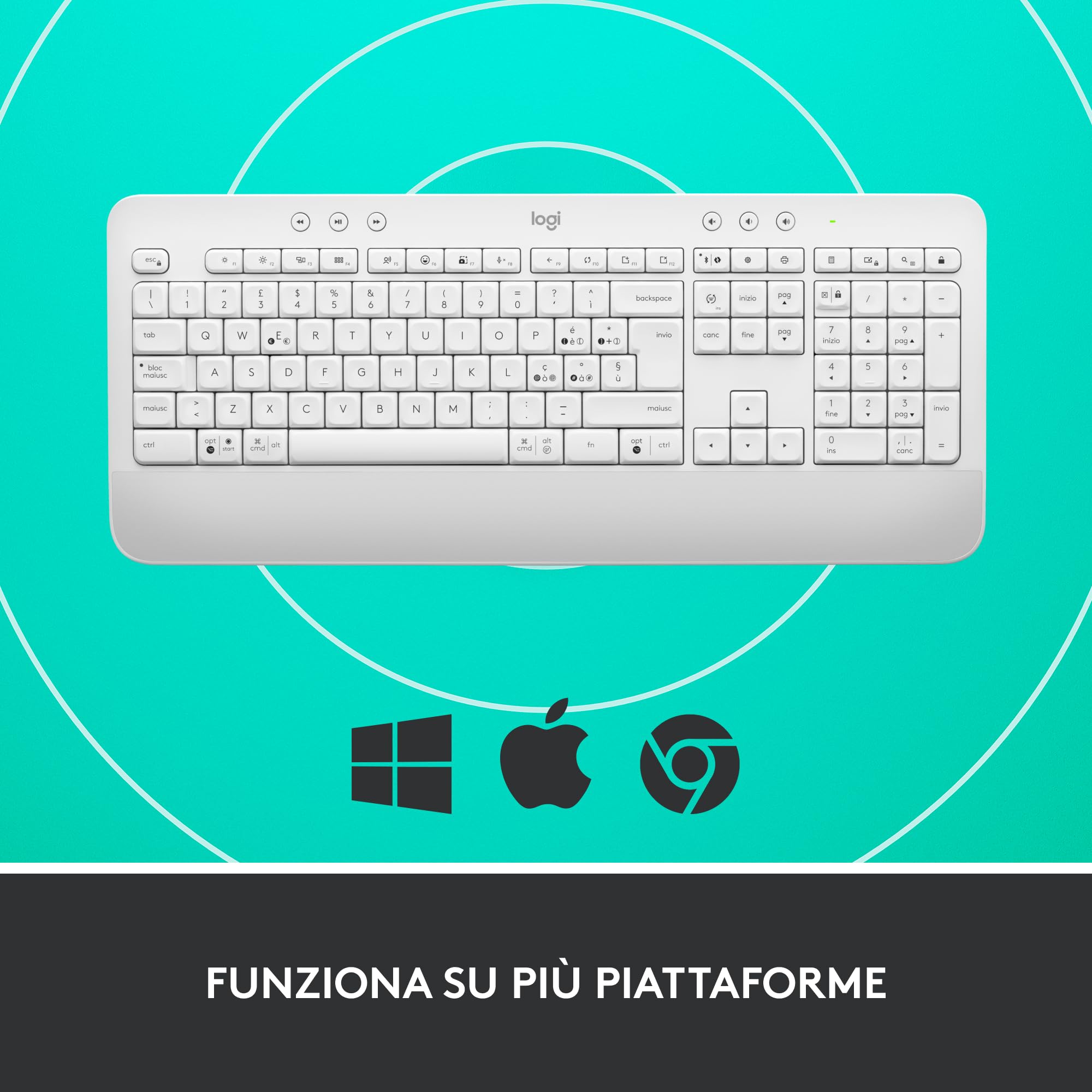 Logitech Signature K650, Tastiera Poggiapolsi Wireless Full-size con Bluetooth BLE o Ricevitore USB Logi Bolt, Tasti Smorzati e Tastierino, Compatibile con PC/Windows/Mac - Bianco