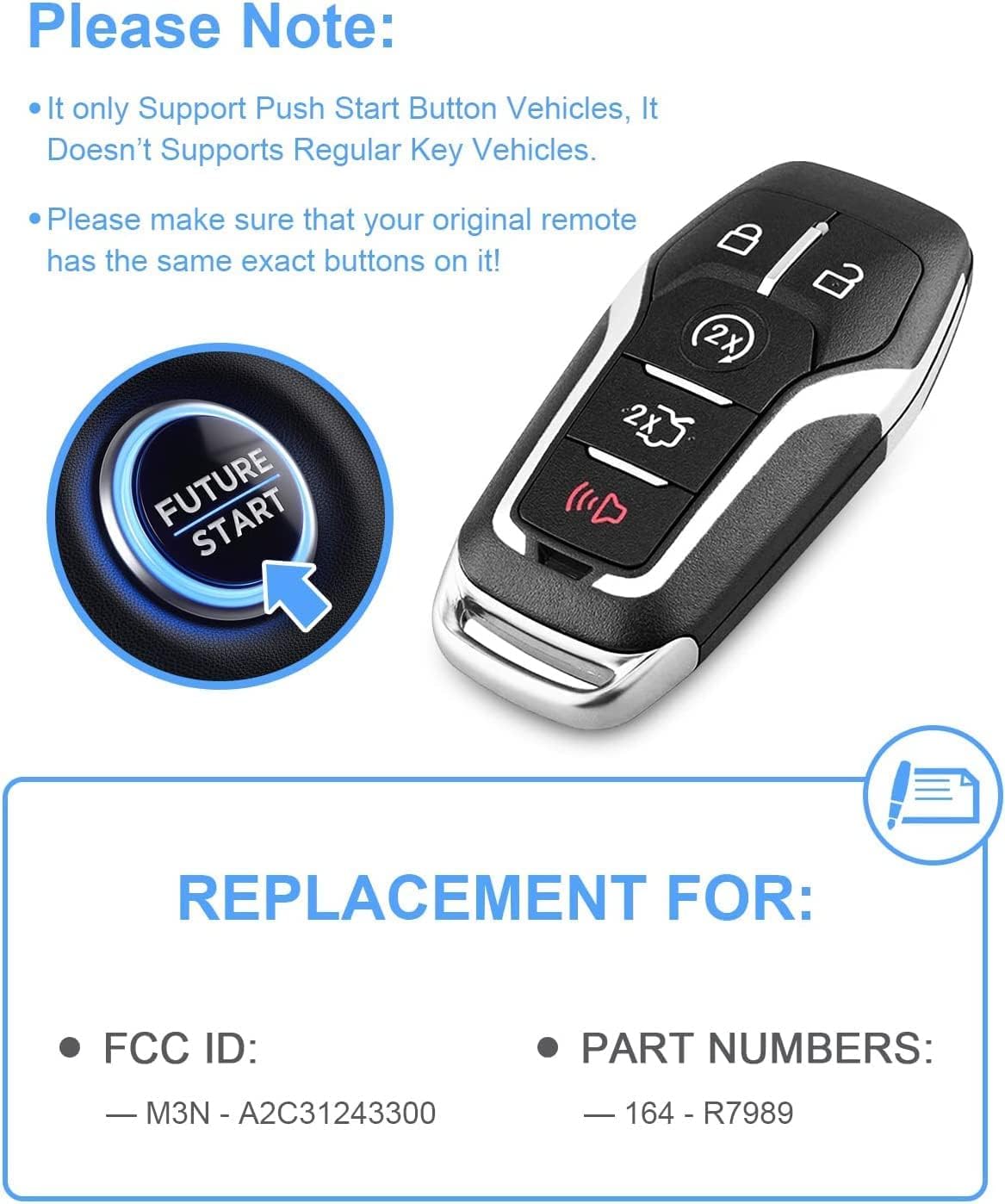 Key Fob Replacement for Ford: 5-Button Keyless Entry Remote Start Control for Ford Mustang Fusion Explorer Edge Lincoln MKC MKX MKZ, Compatible with FCC ID: M3N-A2C31243300 P/N:164-R7989, 902 mHz