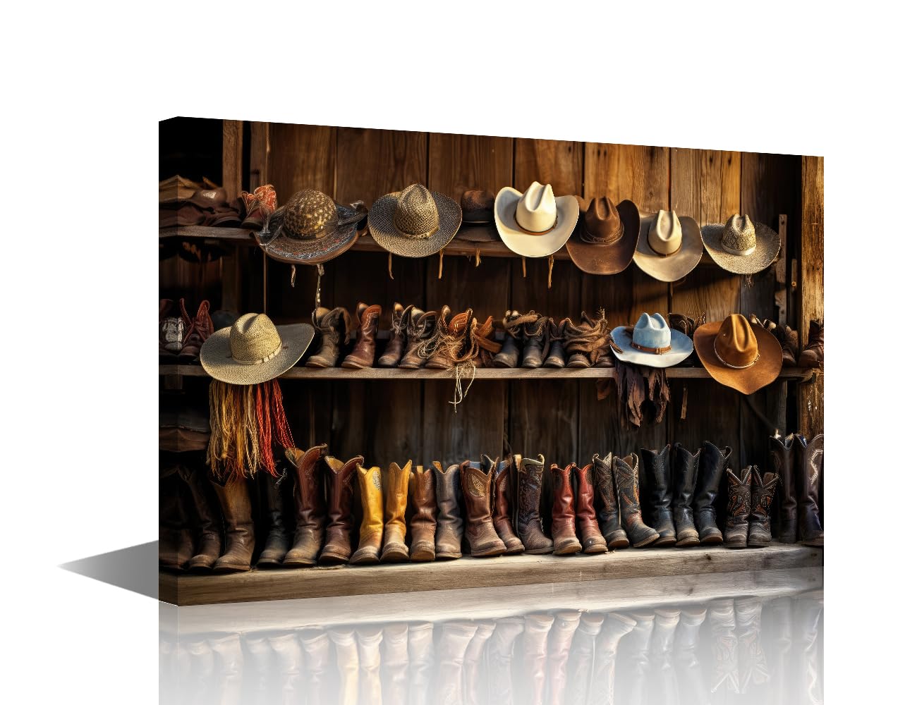 1 Panel Framed Wall Art Wooden Shelf with Cowboy Hats and Boots Picture Prints on Canvas Wall Decor for Living Room, Cowboy Artwork Framed Gallery-Wrapped Ready to Hang, 18" Wx12 H โ image 1