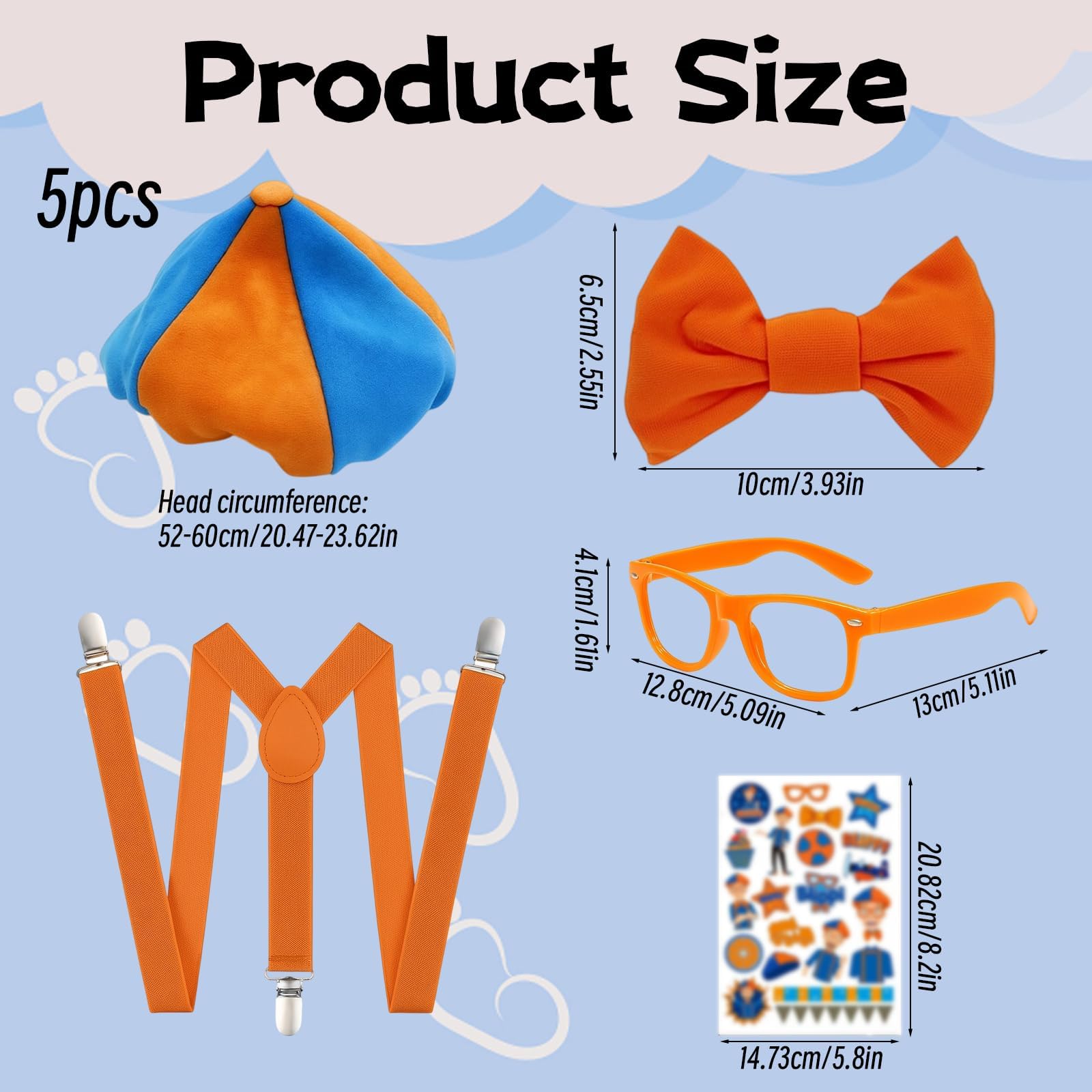 CBRPVT 5 Pcs Roleplay Costume Set, Blue, Orange Beret Hat, Orange Bow Tie & Suspenders, Framed No, Lens Bow Glasses, Sticker - Image 2