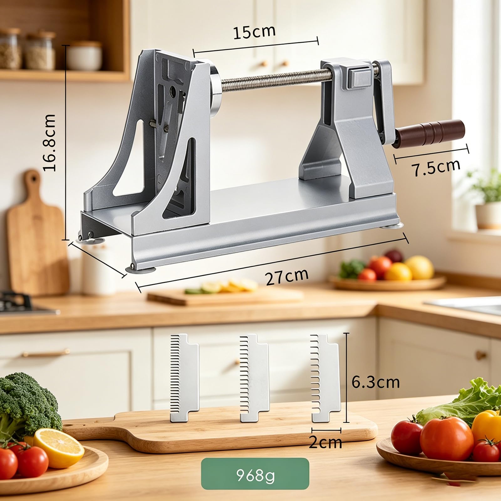 Affettatrice per patate con 3 lame, fissaggio antiscivolo, manico comodo per sminuzzare e affettare facilmente, ideale per l'uso in cucina familiare