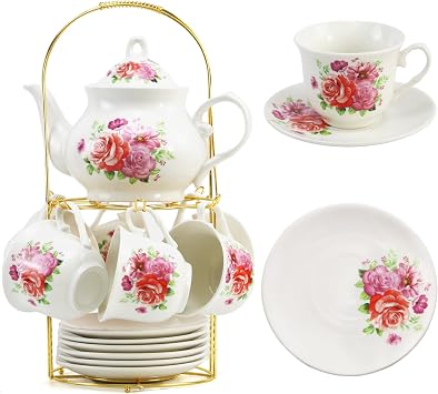 20-Pieces Tea Set For Adult with Golden Metal Rack,Porcelain Tea Sets For Women,Tea Gift Sets for Home&Party015 K019