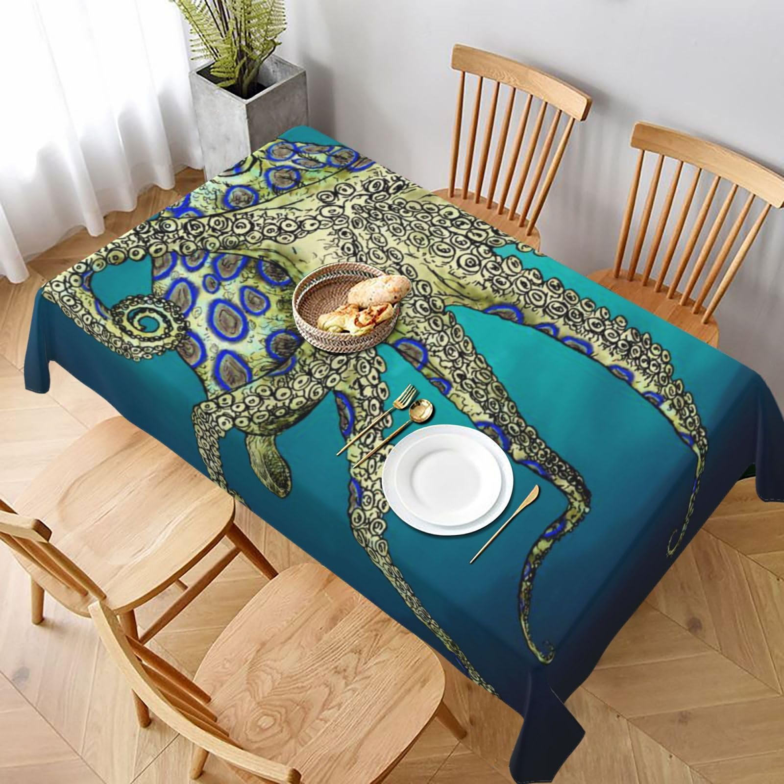 BNVSADC Blue Ringed Octopus Printed Rectangle Tablecloth 228x152 CM, Water Resistant Polyester Table Cloth Decorative Fabric Table Covers for Kitchen Dining Table Parties Camping