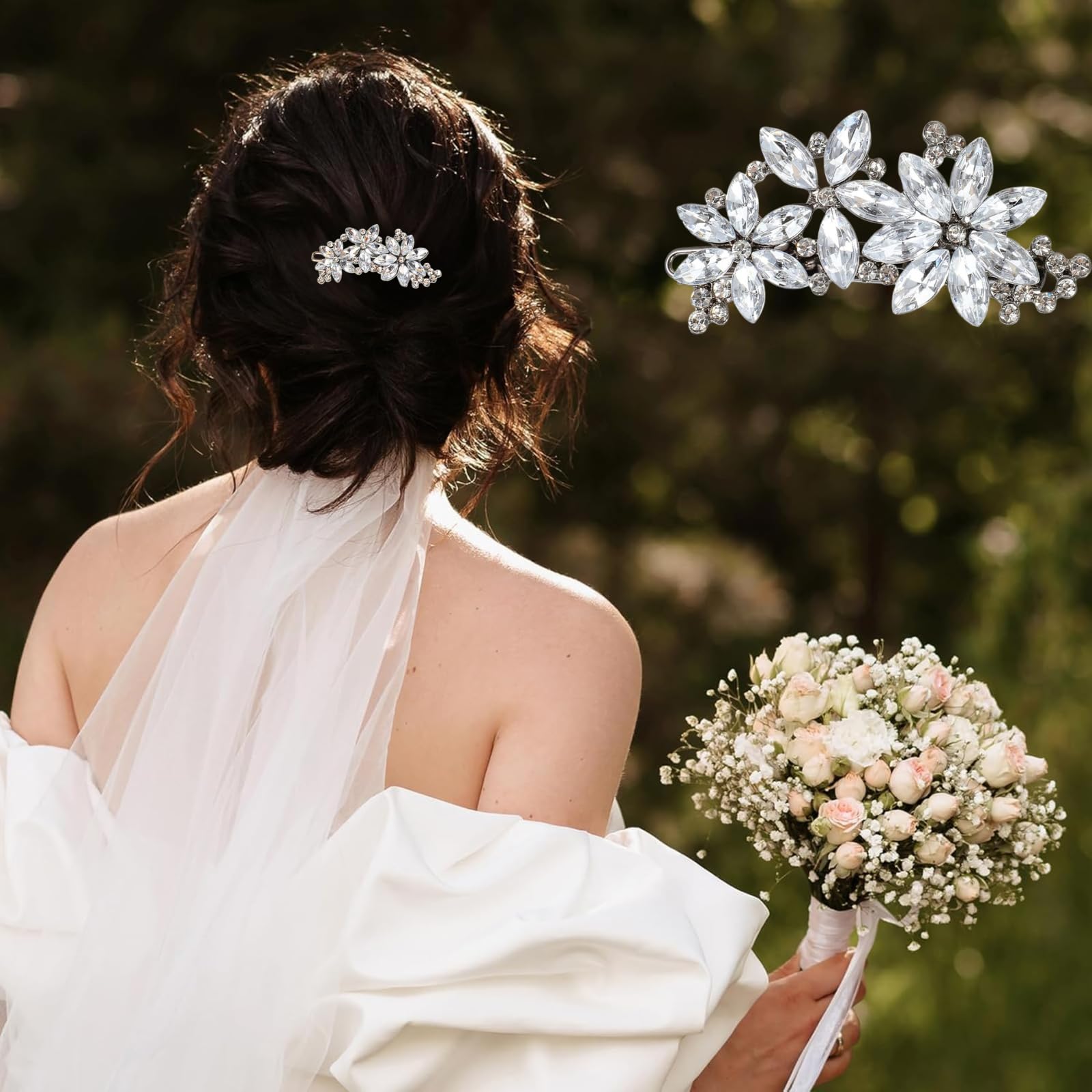 4Pcs Rhinestone Sparkly Silver Hair Clips for Women Flower Design Prom Hair Accessories for Women - Image 3