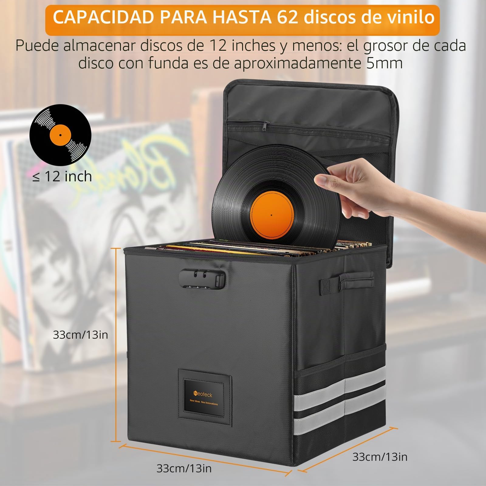 Neoteck Caja de Almacenamiento de Discos de Vinilo Ignífugo con Cerradura de Combinación, Bolsillo de Malla y Tiras Reflectantes para Djs y Entusiastas