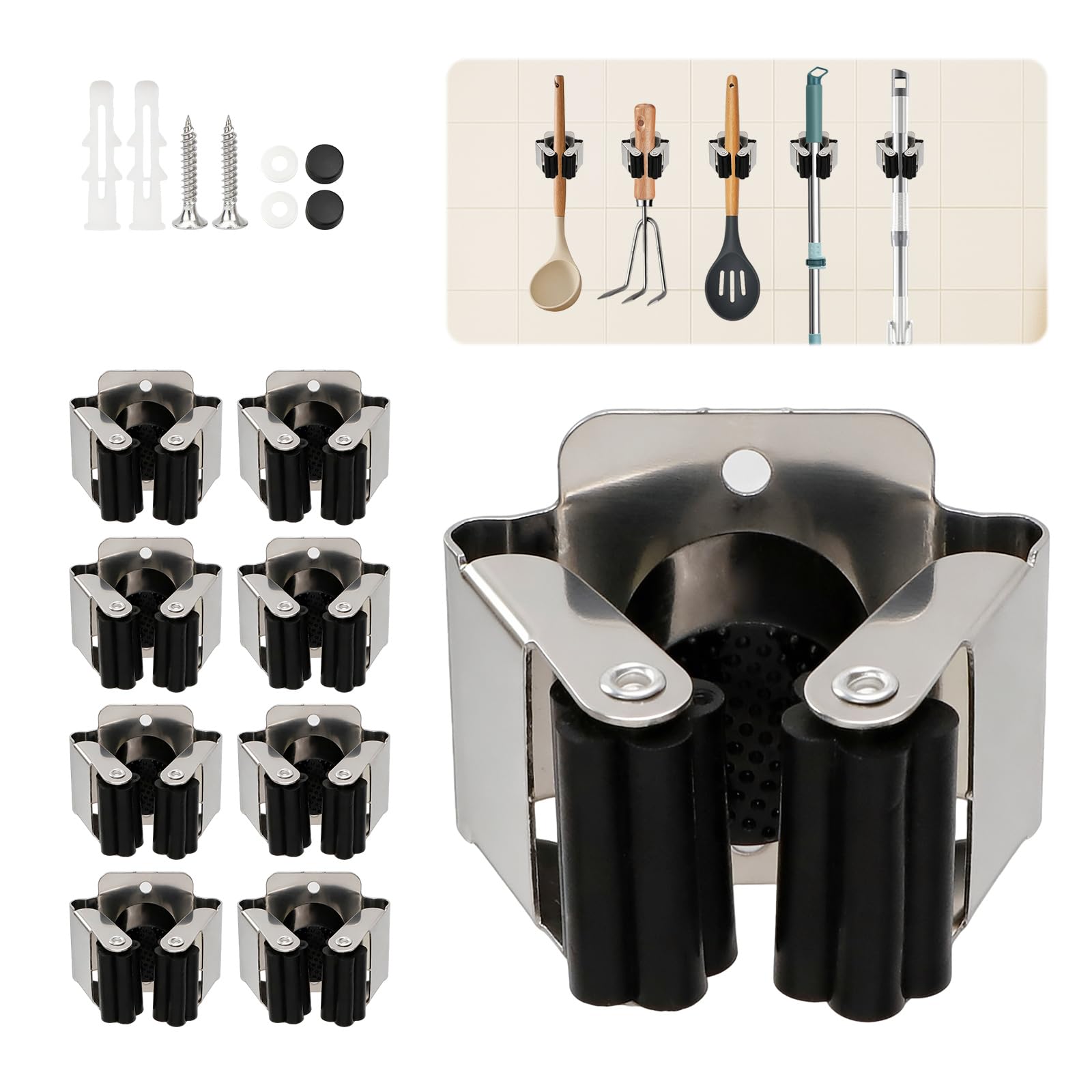 8 pezzi Supporto per scopa da parete, supporto per attrezzi da cucina, casa, bagno, garage, porta attrezzi da giardino per scopa, scopa, pala, attrezzi da giardino
