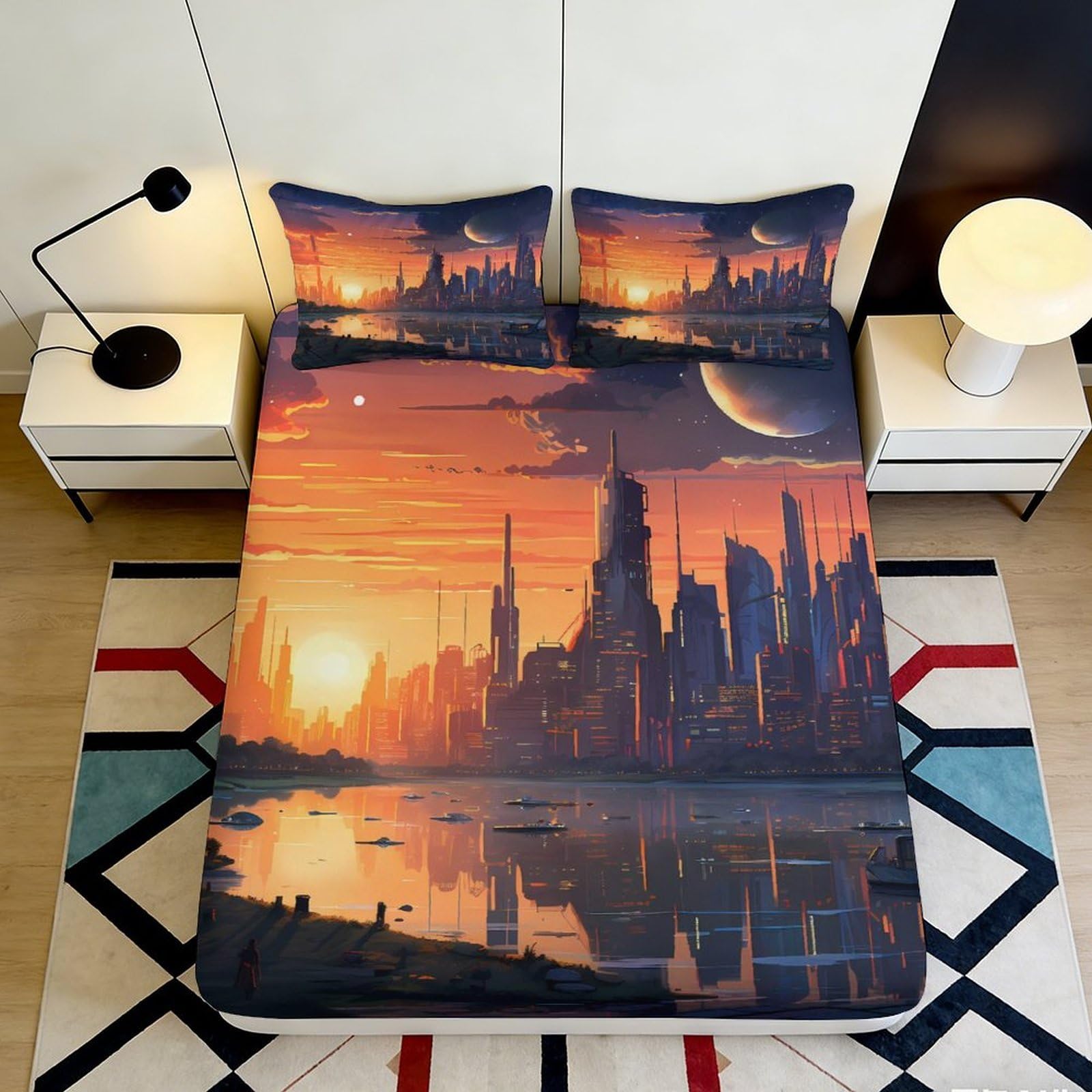3D Printed Sunset Cityscape Fitted Sheet Microfiber Orange Urban Skyline Mattress Cover Bedroom Decor Anti-Stain Washable 90x200x25cm