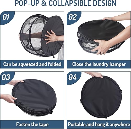 Miniatura 6 de 2 cestas plegables de malla para ropa sucia de 115 litros, canastas plegables de gran capacidad para almacenamiento de ropa con asas, 26 pulgadas de