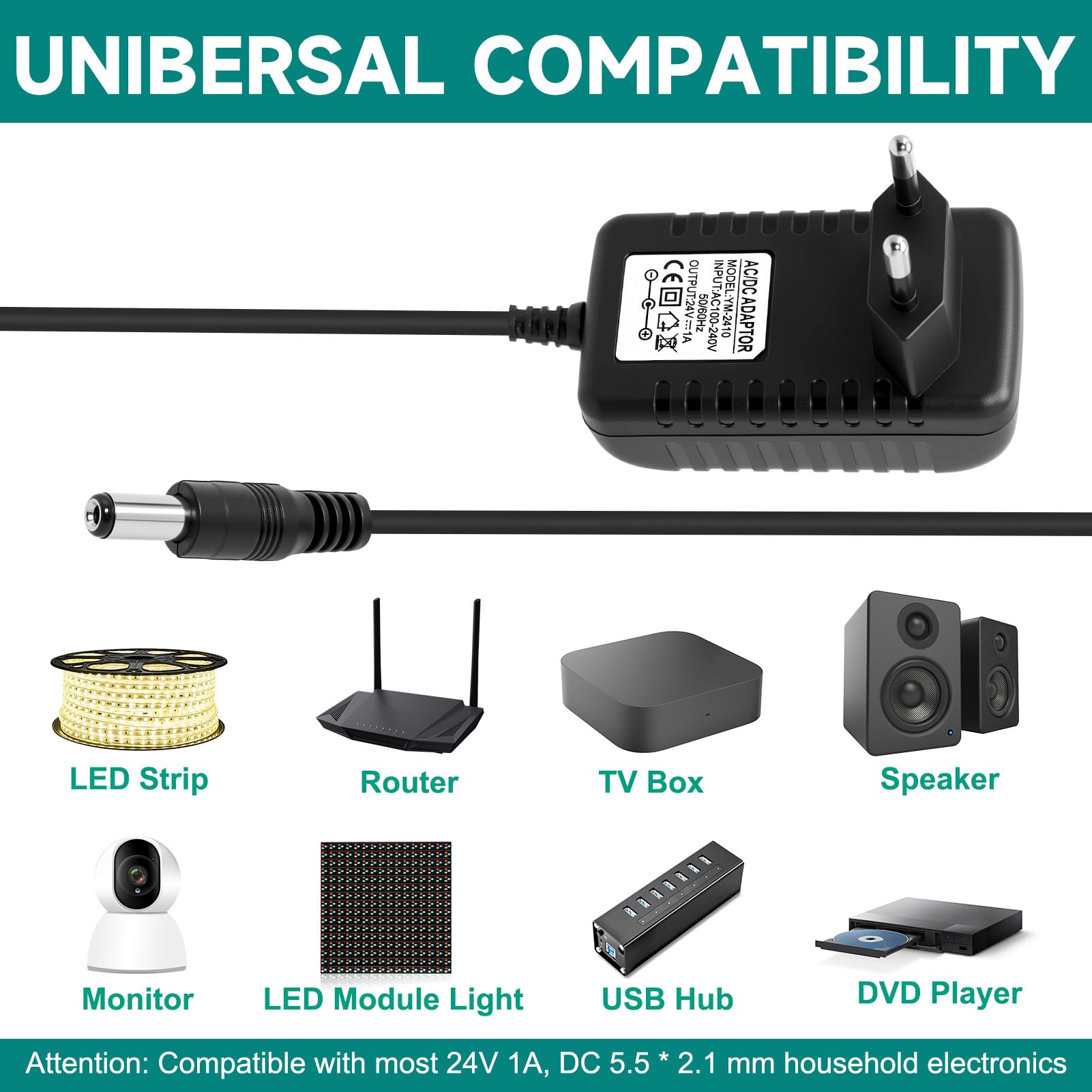 Alimentatore DC 24V 2A con 11 connettori DC a punta, convertitore AC a DC 24V 2Amp 1.5A 1A, trasformatore per strisce LED, luci, fotocamere, PC, display, monitor, altoparlanti, dispositivi 24V Alimentatore DC 24V 2A con 11 connettori DC a punta, convertitore AC a DC 24V 2Amp 1.5A 1A, trasformatore per strisce LED, luci, fotocamere, PC, display, monitor, altoparlanti, dispositivi 24V