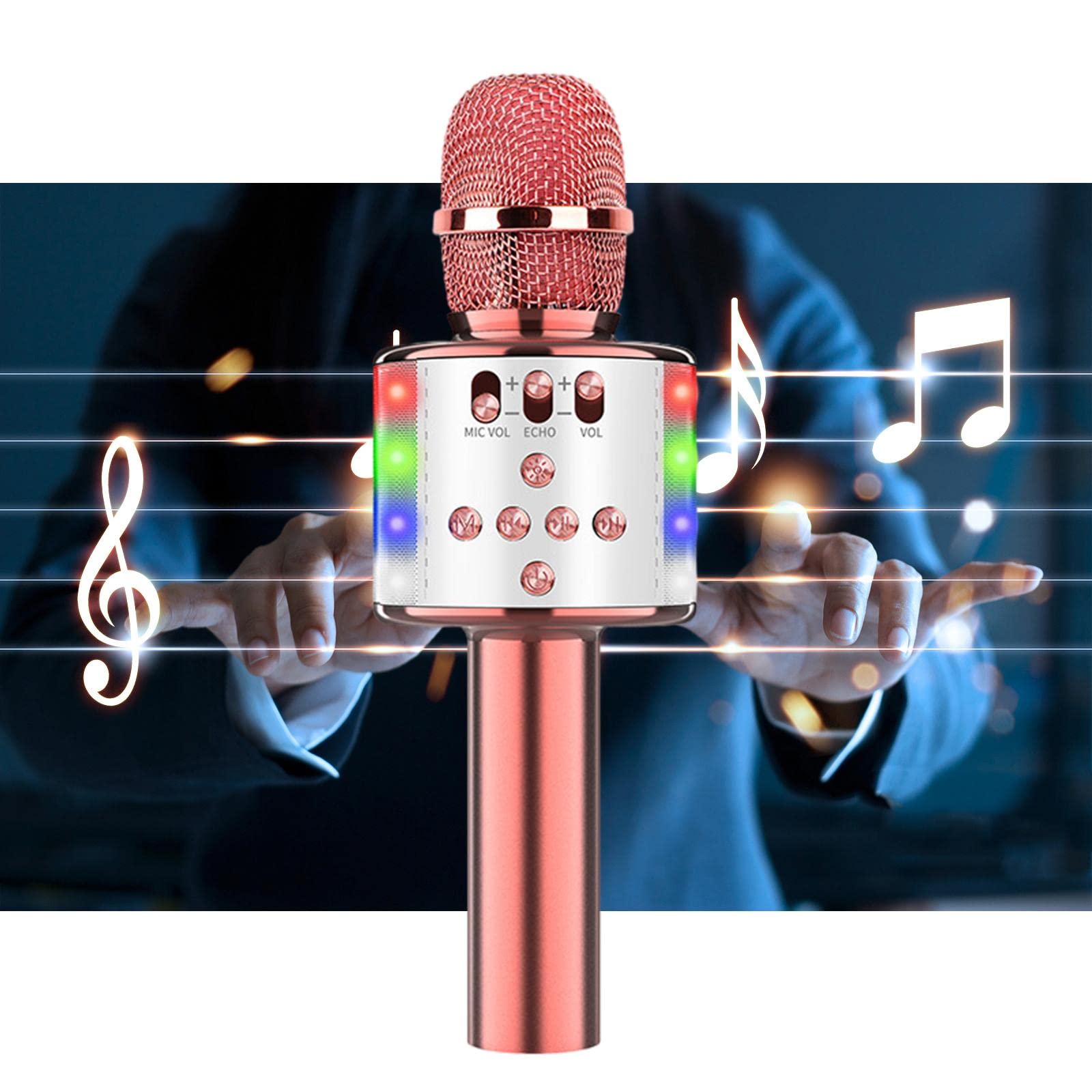 Mikrofon do karaoke 4 w 1, profesjonalna jakość dźwięku i LED, przenośny mikrofon dla dzieci i dorosłych, idealny na imprezy domowe - różowe złoto biały